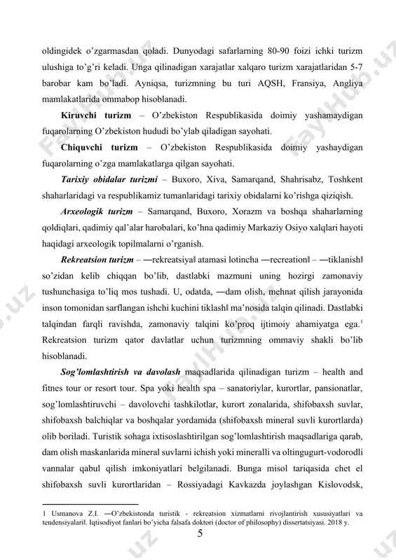 bilan amalga oshirilgan safarlar kiradi. hozirgi iqtisodiyotni modernizatsiyalash sharoitida xususiy tadbirkorlarning faoliyati xorijiy hamkorlar bilan ishlashni taqozo qilmoqda, shu tufayli mahalliy tadbirkorlarning xalqaro munosabatlari rivojlanib bormoqda. ish turizmining afzalligi shundan iboratki, uni turizm sohasi uchun nomavsumiy paytda ham tashkil etish imkoniyatini beradi. turizmni mazkur turining o’ziga xos xususiyatlari shundan iboratki, ishchanlik vaziyatida o’tadigan uchrashuv ishtirokchilari mamlakat bo’ylab qilingan sayohat paytida oddiy turistga nisbatan ko’proq mablag’ sarflaydi. shuning uchun ko’pgina davlatlar xalqaro forumlarni va shunga o’xshash tadbirlarni o’z mamlakatida o’tkazishga harakat qiladilar (masalan, turli forum, festival, qishki va yozgi sport musobaqalari va h.k.). ilmiy turizm. o’qish, ta’lim olish maqsadida, malaka oshirish maqsadida safar qilish xalqaro turizmning nisbatan yangi turlari safiga kiradi. xorijda ta’lim olish uchun safar qilish o’zbekistonda ham turbiznesning yangi segmentlaridan biri bo’lib hisoblanadi. ushbu safarlarning ommabop bo’lib borayotgan turi–bu xorijiy til o’rganish maqsadida buyuk britaniyaga va boshqa ingliz tilida so’zlashadigan davlatlarga safarlarni amalga oshirish. hozirgi vaqtda katta qiziqish uyg’otayotgan …