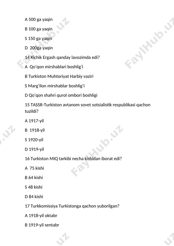 shoirlar millatchilikda ayiblanib,qamoqqa olingan? a 50 dan ortiq b 20 dan ortiq s 30 dan ortiq d 40 ga yaqin 44 20-asrning 60-yillarida o’zbekiston hududida qancha oltin konlari aniqlangan? a 27 ta b 41 ta s 20 ta d 30 ta 45 1962-yilda o’zbekiston ssr maktablarida qanday o’zgarishlar sodir bo’ldi? a 10 yillik o’rta maktablar 11 yillik maktablarga aylantirildi b maktablar uchun yangi o’quv reja va dastur,darsliklar yaratildi s maktablarda ustaxonalar qurildi d umumiy majburiy sakkiz yillik ta’limga o’tildi 46 “bo’rondan kuchli”, “qudratli to’lqin”,”goliblar” romanlarining muallifi qaysi qatorda to’gri ko’rsatilgan? a g’.gulom b hamid gulamjon s izzat sulton d sharof rashidov 47 1989-yil 20-mayda tub yerli aholi bilan mexseti turklari guruhlari o’rtasida ziddiyatli munosabatlar qayerda boshlangan edi? a rishtonda b qo’qonda s quvasoyda d namanganda 48 1989-yilning may-iyun oylarida ……. a markazdan kelgan “kadrlar to’dasi”ning o’zbekistondagi faoliyati boshlandi b iqtisodiy rivojlanishning negizi sifatida jadallashtirish konsepsiyasi faoliyat yuritdi s bo’ka,guliston,namangan,toshkent shaharlarida …