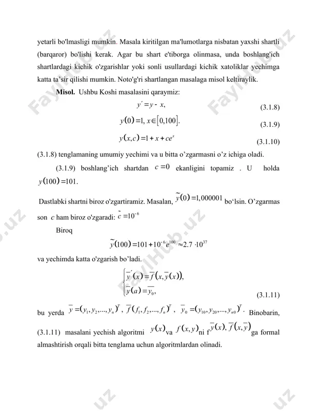 z quyidagilarga ega bo'lamiz: xulosa qilib shuni ta'kidlaymizki, eyler usuli va xyuen usulini oddiy differinsial tenlama tizimi holatiga oson umumlashtirish mumkin [3]. masalan, n birinchi tartibli oddiy differinsial tenlama tizimi uchun eyler usuli: (3.2.7) qayerda yoki belgi bilan qayta yozish mumkin quyida bayon qilinganidek uchun eyler usulini qayta yozamiz xuddi shunday, birinchi tartibli oddiy differinsial tenlamalar tizimi uchun koshi muammosini hal qilish uchun xyuin usulini yozish mumkin. keling, oddiy differinsial tenlama tizimlarini echishda eyler usulining qo'llanilishini misol yordamida ko'rsatamiz. 3.3. differensial tenlamalarni yechishning runge-kutta metodi faraz qilaylik, bizga quyidagi koshi masalasi berilgan bo‘lsin (3.2.1) (3.2.2) bu masalani oraliqda yechish talab etilgan bo‘lsin. berilgan kesmani n ta teng bo‘lakka bo'lamiz: (3.2.1), (3.2.3) koshi masalasini yechish (3.2.3) integral tenglamani yechish bilan teng kuchlidir. biroq (3.2.3)da integral ostida noma’lum funksiya qatnashishi masalani murakkabiashtiradi. ketma-ket ikkita nuqtadagi yechimning orasida quyidagi munosabat o'rinlidir: (3.2.4) ni topish uchun va ni oraliqda bilish kerak. ning taqribiy qiymatlari …