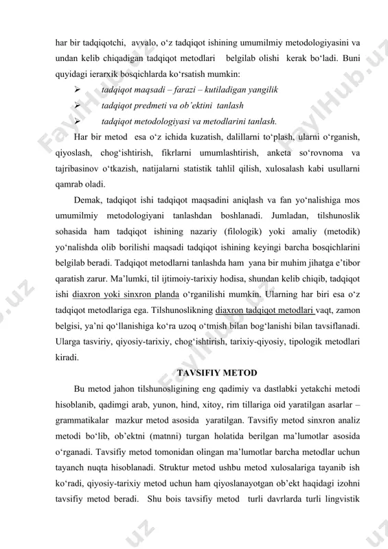 lan bog‘lanishi bilan tavsiflanadi. ularga tasviriy, qiyosiy-tarixiy, chog‘ishtirish, tarixiy-qiyosiy, tipologik metodlari kiradi. tavsifiy metod bu metod jahon tilshunosligining eng qadimiy va dastlabki yetakchi metodi hisoblanib, qadimgi arab, yunon, hind, xitoy, rim tillariga oid yaratilgan asarlar – grammatikalar mazkur metod asosida yaratilgan. tavsifiy metod sinxron analiz metodi bo‘lib, ob’ektni (matnni) turgan holatida berilgan ma’lumotlar asosida o‘rganadi. tavsifiy metod tomonidan olingan ma’lumotlar barcha metodlar uchun tayanch nuqta hisoblanadi. struktur metod ushbu metod xulosalariga tayanib ish ko‘radi, qiyosiy-tarixiy metod uchun ham qiyoslanayotgan ob’ekt haqidagi izohni tavsifiy metod beradi. shu bois tavsifiy metod turli davrlarda turli lingvistik maktablar va yo‘nalishlarga xizmat qilgan. hozir ham boshqa metodlar bilan ish olib borayotgan mutaxassislar turli tillarga oid darslik, qo‘llanmalar, monografik tadqiqotlarni shu metod asosida yaratmoqdalar. tavsifiy metodda tadqiq qilish jarayoni quyidagi 2 bosqichda olib boriladi: i bosqich - komponent tahlil bo‘lib, unda matn gaplarga, gaplar so‘zlarga, so‘zlar morfemalarga, morfemalar esa fonemalarga ajratilib tahlil qilinadi. komponent tahlil metodi …