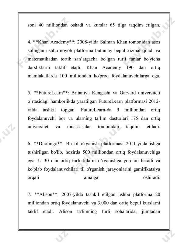 i qayerda va qachon dars berishni o'zlari belgilash imkoniyatiga ega bo'ladilar. bu esa ular uchun qulay sharoit yaratadi. onlayn ta'limning afzalliklari ko'pligiga qaramasdan, ba'zi cheklovlariga ham duch kelinadi. internet tarmog'i bilan bog'liq muammolar, texnik nosozliklar, va virtual hamkorlikdagi qiyinchiliklar shular jumlasidandir. harvard universitetining 2021-yilgi tadqiqotiga ko'ra, talabalarning 68 foizi onlayn ta'limda o'z-o'zini motivatsiya qilishda qiyinchiliklarga duch kelishlarini bildirgan. aksariyat mamlakatlarda onlayn ta'lim sifatini oshirish uchun davlat va xususiy sektor o'rtasida hamkorlik qilib, infratuzilmalarni rivojlantirish, mualliflik huquqlarini himoya qilish va texnologik innovatsiyalarni joriy etishga qaratilgan loyihalar amalga oshirilmoqda. masalan, xitoy 2022-yilda onlayn ta'lim texnologiyalariga 15 milliard aqsh dollaridan ko'proq investitsiya kiritgan. o‘zbekistonning onlayn ta'lim sohasida amalga oshirayotgan ishlariga to‘xtaladigan bo‘lsak, mamlakatda “o‘quv tv” telekanali orqali darslar tashkil etilishi, “ziyonet” ta’lim portali orqali onlayn resurslarning taqdim etilishi kabilar kuzatilmoqda. 2020-yilda o‘zbekiston hukumati masofaviy ta'lim infratuzilmasini yaxshilashga alohida e'tibor qaratgan va natijada 5 mingdan ortiq maktabda onlayn darslar tashkil etilgan. yakunida, onlayn dars …