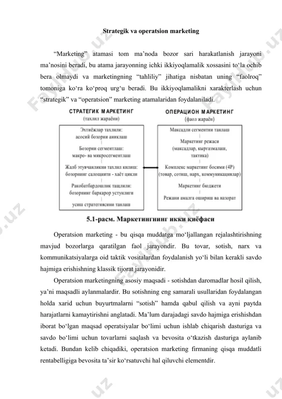igan, mo‘ljaldagi iste’molchilarning odatlariga moslashgan bo‘lishi kerak, hamda tovarning bozordagi yaxshi ketishini ta’minlovchi va uning o‘ziga xos xususiyatlarini ta’kidlovchi kommunikatsiya yordamiga ega bo‘lishi lozim. bozorda talab taklifdan ko‘p bo‘lgan, firma xaridorlarga yaxshi tanish bo‘lgan va raqobat bo‘lmagan hollar kam uchraydi. operatsion marketing marketingning eng ko‘zga ko‘rinarli jihatidir, bunga asosiy sabab shuki, reklama va tovarlarni siljitish faoliyatining roli g‘oyatda muhimdir. ba’zi firmalar, masalan sanoat tovarlari ishlab chiqaruvchilarning ko‘pchiligi esa aksincha, marketingni reklama bilan uzviy bog‘liq deb tushunib, uzoq vaqtgacha marketing bizning biznesga to‘g‘ri kelmaydi, deb hisoblab keldilar. demak, marketing - bu firmaning tijorat dastagi bo‘lib, hatto eng yaxshi strategik reja ham yaxshi natijalarga olib kela olmaydi. ammo ko‘rinib turibdiki, yetarlicha katta strategik bazasiz mutlaqo rentabelli operatsion marketing ham bo‘lishi mumkin emas. fikrsiz dinamizm - asossiz tavakkaldir, xolos. operatsion marketing rejasi har qancha kuchli bo‘lmasin, u ehtiyoj yo‘q bo‘lgan joyda talabni yuzaga keltira olmaydi va yo‘qolib ketishi muqarrar bo‘lgan faoliyat yo‘nalishini saqlab …