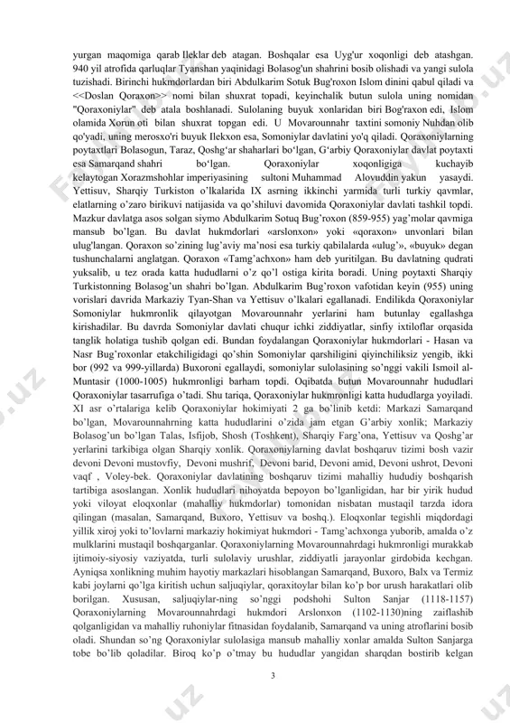 iy jihatdan ta'minlagan. yiliga to'rt marta sipohiylariga maosh berilgan. sohibushrot harbiy intizomni ham ta'minlab turgan. devoni sohibbarid—davlat elchilari va viloyat hokimlari ustidan maxfiy nazorat ishlarini boshqargan. uning har viloyatda o'z amaldorlari bo'lgan. devoni muhtasib — bozorlarda tarozi va narx-navoni, keyinchalik aholi tomonidan shariat qonun-qoidalariga rioya qilinishini nazorat qilib turuvchi muassasa. tartibbuzar va o'g'rilar joyida jazolangan. muhtasib o'z vakillari bilan barcha shaharlarda faoliyat ko'rsatgan. devoni mushrif (nazorat qiluvchi) xazina kirim-chiqimi va boshqa muhim davlat ishlarini nazorat qilgan. bundan tashqari devoni qozi, devoni ziyo, devoni mamlakai xos (davlat mulklarini boshqargan), devoni vaqf mavjud bo'lgan. barcha devonlarning no viloyat va shaharlarda bo'limlari bo'lib, hokimlarga bo'ysungan. faqat devoni barid muassasalari markaziy davlatga bo'ysungan. xuroson sipohiylari bevosita amir va vazirga tobe bo'lgan. shaharlar maxsus raislar tomonidan boshqarilgan. amaldorlar orasida ruhoniylarning nufuzi yuqori bo'lib, ular shayxulislomga itoat qilganlar. seyiston, xorazm, garjiston, g'uzg'on, g'azna, xuttalon, chag'oniyon, isfijob kabi viloyatlar o'z hokimlari tomonidan boshqarilib, markazga xirojni muntazam to'lab …