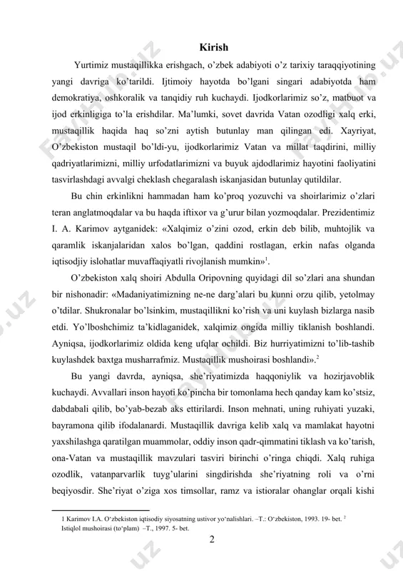 aydi. avvallari inson hayoti ko’pincha bir tomonlama hech qanday kam ko’stsiz, dabdabali qilib, bo’yab-bezab aks ettirilardi. inson mehnati, uning ruhiyati yuzaki, bayramona qilib ifodalanardi. mustaqillik davriga kelib xalq va mamlakat hayotni yaxshilashga qaratilgan muammolar, oddiy inson qadr-qimmatini tiklash va ko’tarish, ona-vatan va mustaqillik mavzulari tasviri birinchi o’ringa chiqdi. xalq ruhiga ozodlik, vatanparvarlik tuyg’ularini singdirishda she’riyatning roli va o’rni beqiyosdir. she’riyat o’ziga xos timsollar, ramz va istioralar ohanglar orqali kishi ruhida ajib bir tuyg’ularni uyg’otadi. shu ma’noda aytish joizki, she’riyatda ko’chimlar ko’p ishlatiladi va bu unsurlar shoirga o’z she’rlarining teran mantiqli va ko’p ma’noli bo’lshiga zamin hozirlaydi. so’nggi yillarda she’riyatimizda yangicha ruh, yangicha mazmundagi asarlar paydo bo’la boshladi. badiiy ijodning kuchi mazmun va mantiiqda bo’lishini hisobga olib, istiqlol yillarida mazkur masalalar qay darajada aks ettirilganligini o’rganish ishimizning asosiy maqsadi hisoblanadi. ushbu maqsadni yuzaga chiqarishda quyidagi vazifalar aosida yondashildi: · she’riyatda ijodiy jarayon muammosi; · ruhiy kechinma va obrazlilik masalasi; · she’riyatda …
