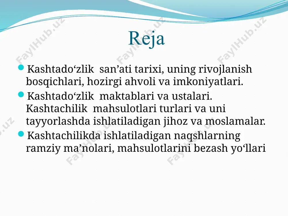 klar bosh kiyimi) hozir juda kam uchraydi. araqchin — sharsimon do`ppi, uni asosan keksalar kiyadi. toshkentda sharsimon do`ppilar kanda xayol, bosma, chakmato`r, iroqi chok usullarida tikiladi. joynamoz — erga solib ustida namoz o`qiydigan to`shama. islom diniga e’tiqod qiluvchilar ishlatidiadi. u ibodat vaqtida kishini bu dunyodan ajratuvchi omil deb tasavvur qilinadi. joynamoz x,ar xil matodan tayyorlanib, uning uch tomoni mehrob shaklida tikilgan bo`ladi. undan machit, madrasa va uylarda foydalaniladi. u turli o`lchamda bo`ladi. ibodatni kanda qilmaslik uchun boshqa narsalardan foydalanish mumkin. zardevor — uy jihozi, u sidirg`a shoyi baxmal, satinga kashta tikib bezatilgan badiiy buyum .zardevor o`zbek hamda tojiklarda yangi tushgan kelinning uyiga, shiftiga yoki devoriga ilib qo`yiladi. u zar ip yoki ipak gajimli bo`lib, eni 40—70 sm, uzunligi mo`ljallangan uyning devoriga moslab tikiladi. palak — devorlarga ilinadigan eng yirik, eng qimmat bezak buyumlaridan biri. palakda osmon va to`lin oy aks ettiriladi. uni qadimda oq yoki malla bo`zga kashta tikib tayyorlangan. …