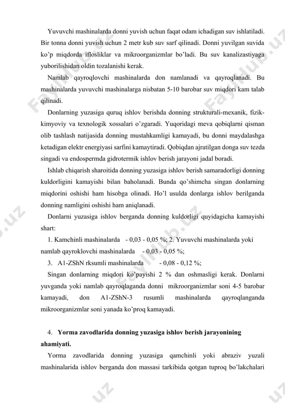 li mashinalarda - 0,08 - 0,12 %; singan donlarning miqdori ko’payishi 2 % dan oshmasligi kerak. donlarni yuvganda yoki namlab qayroqlaganda donni mikroorganizmlar soni 4-5 barobar kamayadi, don a1-zshn-3 rusumli mashinalarda qayroqlanganda mikroorganizmlar soni yanada ko’proq kamayadi. 4. yorma zavodlarida donning yuzasiga ishlov berish jarayonining ahamiyati. yorma zavodlarida donning yuzasiga qamchinli yoki abraziv yuzali mashinalarida ishlov berganda don massasi tarkibida qotgan tuproq bo’lakchalari bo’lsa ular maydalanadi, donning yuzasi changlardan tozalanadi, qisman donning qobiqlari va murtagi ajratib olinadi. tozalangan arpa donlari frakstiyalari rz-bkt tosh tozalagich mashinasida mineral aralashmalardan (tosh, shisha, kesak) tozalanadi. tozalangan arpa doni urib tozalovchi rz-bgo-6 va a1-zshn mashinalarida ketma ket ikki martadan ishlov berilib, gul qobigi ajratib olinadi va aspiratorda engil aralashmalardan tozalangan yadro donning qobiq’ini ajratish bo’limiga uzatiladi. 5. donga gidrotermik ishlov berish jarayoni. tegirmon va yorma zavodlarida gidrotermik ishlov berishning asosiy maqsadi donni boshlanq’ich texnologik xossalarini yo’naltirilgan holda belgilangan o’lchamda o’zgartirib, bu xossalarni bir xilda optimal …
