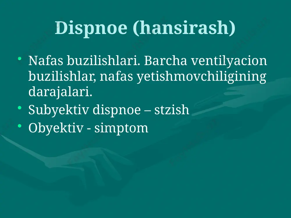 ka, mimika, pantomimika, hissiyot (hayajonlik, mushaklar taranglashishi, nafas yetishmasligi, nafas tezlashishi) simptomatika yo`tal balg`am cianoz harorat yo`tal vaqti hurujlari davomiyligi ovqatlanish bilan bog`liqligi xarakteri: quruq, nam,hakkilovchi, doimiy, qusish bilan, cianoz bila, nafas ichiga tushishi bilan, bolaning vaziyati balg`am miqdori xarakteri shilimshiq yiringli qonli fibrinli rangi hidi qonli balg`am tez-tez qaytalanishi intensivligi hansirash, cianoz boshlanishi (pnevmotoraks, piopnevmotoraksda keskin) (empiyemada, yiringli pnevmoniyada asta sekin jadallashadi) makroskopiya - emphizema makroskopiya - fibrinoid o`pka makroskopiyasi o`tkir nafas yetishmovchiligi: giperkapniyani oqibati → pnevmoniya → gripp → obstrukciya → status astmatikus → aspiraciya, cho`kish → zaharlanish → mukoviscidoz, skolioz – operaciyadan keyin nafas yetishmovchiligi uchrashi o`pka-bronx kasalliklarida 34% gacha o`tkir nafas yetishmovchiligi mns, mushaklar, kasalliklarida, rivojlanish nuqsonlarida: tyun, o`pka, ko`krak qafasi trn da anatomik va fiziologik xususiyatlar 7 yoshgacha bronxiolalar mushaklari kam rivojlangan balg`am ishlab chiqaruvchi bezlar faol bronxlar bo`shlig`i tor = nafas yo`llarida qarshilik yuqori moyillik obstrukciyaga yo`talga hansirashga ko`krag qafasida qisilish taxipnoega klinik manzarasi …