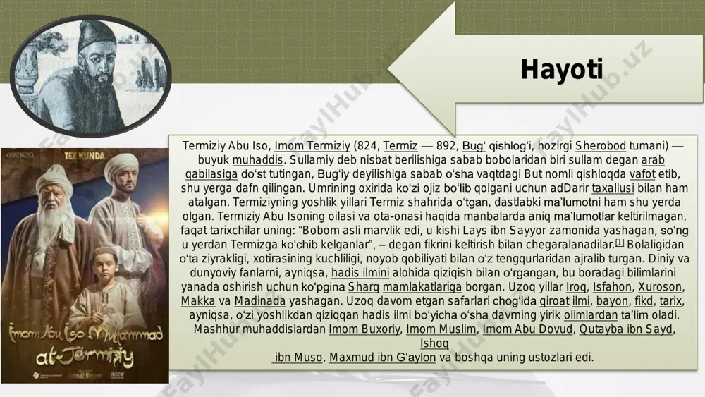 miziyning to’liq ismini abu iso muhammad ibn iso ibn savra ibn musa ibn zohhak al-bug'iy as-sulamiy at-termiziy deb keltiradi. “abu iso” degan kunyasi bilan mashur bo'lgan. at-termiziy deyilishining sababi movarounnahrdagi ma'lum va mashhur shaharga nisbatan aytiladi. al-bug'iy deyilishining sababi o'zlari tug'ilgan termiz qishloqlaridan biriga nisbatan aytiladi. tug'ilishi va vafoti: hijriy 209-yili tug'ilgan va 279-yilda dushanba kuni, rajab oyining 13-kuni termizda vafot etgan. ba'zilar ismlaridan keyin “zarir” deb ham qo'shib qo'yadi. zarir degani ko'zi ojiz degan ma'noni anglatadi. chunki umrlarining oxirida ko'zlari ko'rmay qolgan. imom hokim men umar ibn ilkdan eshitdim imom buxoriy vafot etdi. endi xurosonda ilmda, hifzda, taqvoda va zuhdda abu isoga o'xshashi qolmadi. juda ko'p yig'laganidan ko'zlari ojiz bo'lib qoldi. at-termiziyning o'ndan ortiq asarlar yaratganligi ma'lum. bular “al-jom'e as-sahih” (“ishonchli to'plam”), “ash-shamoil an-nabaviya” (“payg'ambarning alohida fazilatlari”), “al-ilal fi-l-hadiys” (“hadislardagi illatlar va og'ishlar haqida”) asarlari mashhurdir. at- termiziyning yozib qoldirgan asarlaridagi hadislar ham al-buxoriy hadislari kabi insonni halollik, adolat, …