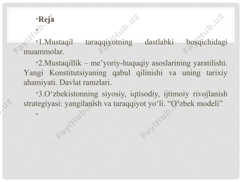 ‘n ikkinchi chaqiriq o‘zbekiston respublikasi oliy kengashining navbatdan tashqari to‘qqizinchi sessiyasida (1992 yil 4 yanvarda) so‘zlagan dasturiy nutqida hamda 1992 yil avgust oyida nashr etilgan „o‘zbekistonning o‘z istiqlol va taraqqiyot yo‘li“ asarida o‘zbekistonning taraqqiyot yo‘lini har tomonlama puxta asoslab berdi. o‘z yo‘limiz qanday shart-sharoit va zaminlarga tayanadi? birinchidan, bozor iqtisodiyoti asosida taraqqiy topgan davlatlarning tajribasiga tayangan holda ishlab chiqildi. 2/soxta inqilobiy sakrashlarsiz, ijtimoiy larzalarsiz, evolutsion yo‘l bilan madaniyatli taraqqiyotga o‘tish–tanlab olingan yo‘lning asosiy mazmuni va mohiyatidir. uchinchidan, o‘zbekiston yo‘li o‘zbek xalqining milliy xususiyatlari, davlatchilik tajribasi, ma’naviy qadriyatlari, sharq madaniyatiga mansublik, ijtimoiy hamkorlik, vatanparvarlik, millatlararo totuvlik kabi fazilatlarga mos ravishda belgilandi. to‘rtinchidan, o‘z yo‘limizni belgilashda islom dini, uning jamiyat ma’naviy hayotidagi o‘rni, musulmon davlatlari bilan o‘zaro aloqalarni kengaytirishdagi ahamiyati hisobga olindi. beshinchidan, yangi yo‘lni tanlashda o‘zbekistonning geostrategik mavqeyi, mustaqillikka erishgan paytdagi iqtisodiy imkoniyatlari, shart-sharoitlari, tabiiy resurslari asos qilib olindi. oltinchidan, respublikadagi o‘ziga xos demografik vaziyat, aholi va mehnat resurslarining tez o‘sib …