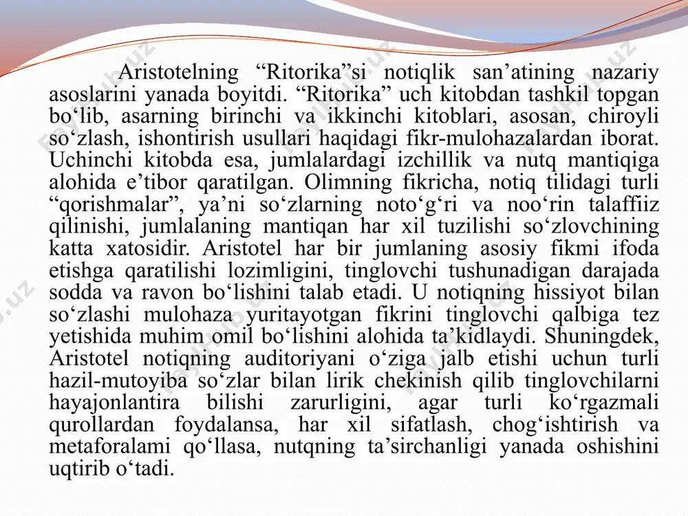 ‘z nuqtayi nazarini tushuntiradi. 1-topshiriq. aristotel “ritorika” asarida jamiyatda rasmiy nutq va unga bo‘lgan ehtiyojni qanday ko‘rsatadi? bugungi dunyoda bu tushunchalar qanday ishlatilmoqda? 2-topshiriq. aniq-ravshanlik — nutqning bosh fazilatidir. aristotelning ushbu fikrlarining mazmun mohiyatini asoslang. 3-topshiriq: ritorika asaridan biror bir misol keltirib, aristotelning ishlatgan ishontirish usullarini tahlil qiling. misol sifatida, o‘z nutqingizda yoki biror jamoat vakilining nutqidagi ethos, pathos yoki logos elementlarini ko‘rsating. 4-topshiriq: aristotel “poetika” va “ritorika” asarlarida dramatik asar va nutq o‘rtasidagi bog‘liqlikni qanday tushuntiradi? ikkala asarda ham qaysi elementlar bir xil ishlatiladi? savol va topshiriqlar: 1. notiqlik san’atining qanday turlari bo‘lgan? 2. aristotelning “go‘zallik falsafasi”ni tushuntiring. 3. aristotel va aleksandr makedonskiy munosabatlari haqida nima deya olasiz? 4.“ritorika” asarining asosiy mazmuni nimadan iborat? 5. notiqlik san’atini egallash uchun zarur bo‘lgan beshta asosiy qoidani tushuntiring. e'tiboringiz uchun rahmat! image2.jpeg /docprops/thumbnail.jpeg