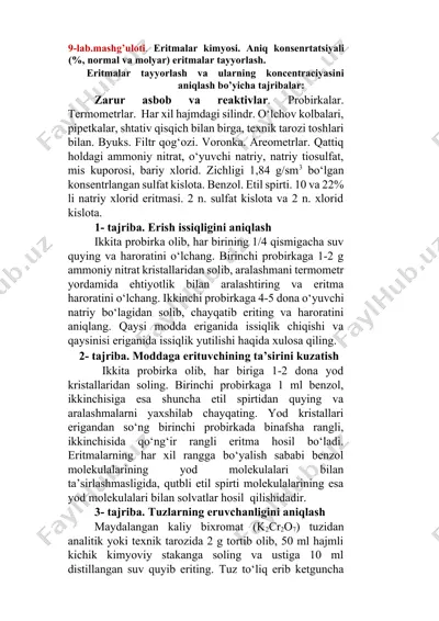 eritmalar kimyosi - aniq konsenrtatsiyali (%, normal va molyar) eritmalar tayyorlash — DOCX