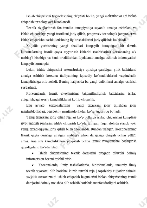 malga oshirish sustlashadi. korxonalarda texnik rivojlanishni takomillashtirish tadbirlarini ishlab chiqarishdagi asosiy kamchiliklarini ko‘rib chiqaylik. eng avvalo, korxonalarning yangi texnikani joriy qilishdan joriy manfaatdorliklari, perspektiv manfaatdorlikdan ko‘ra yuqoriroq bo‘ladi. yangi texnikani joriy qilish rejalari ko‘p hollarda ishlab chiqarishni kompleks rivojlantirish rejalarini ishlab chiqarish ko‘zda tutilgan, faqat alohida stanok yoki yangi texnologiyani joriy qilish bilan cheklanadi. bundan tashqari, korxonalarning texnik qayta qurishga ajratgan mablag‘i jahon darajasiga chiqish uchun yetarli emas. ana shu kamchiliklarni yo‘qotish uchun texnik rivojlanishni boshqarish quyidagilarni ko‘zda tutadi:  ishlab chiqarishning texnik darajasini prognoz qiluvchi doimiy informatsion bazani tashkil etish.  korxonalarda, ilmiy tashkilotlarda, birlashmalarda, umumiy ilmiy texnik siyosatni olib borishni kuzda tutvchi reja ( topshiriq) xujjatlar tizimini xo‘jalik mexanizmini ishlab chiqarish bugunlarini ishlab chiqarishning texnik darajasini doimiy ravishda olib oshirib borishda manfaatdorligini oshirish.  korxonalarda texnik qayta qurish barcha texnologik sikl bo‘yicha amalga oshirilishi lozim. hozirgi sharoitda ishlab chiqarishni tayyorlash faoliyatini quyidagi asosiy yo‘nalishlarni ajratish mumkin: 1. ishlab …