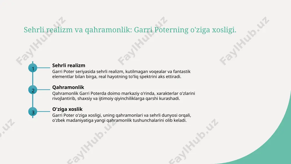 qahramonlik tushunchalarini rivojlantirib, yangi ijodiy imkoniyatlar yaratdi, ilhomlantirdi. yoshlar va madaniyat o'zbek madaniyatida garri poter, yoshlarni qahramonlik va do'stlik qadriyatlariga ilhomlantirib, adabiyotga qiziqish uyg'otadi, madaniy integratsiyani kuchaytiradi. qahramonlik darslari garri poter seriyasi, yosh avlodga haqiqiy qahramonlar qanday bo'lishi kerakligini ko'rsatib, ijtimoiy qadriyatlarni mustahkamlashga yordam beradi, bu juda muhim. foydalanilgan adabiyotlar 1. toshkand, a. g. garri poter va sehrli realizm. o'zbekiston milliy universiteti, 2021 2. sultonov, m. qahramonlik va adabiyot: garri poter misolida. o'zbekiston respublikasi fanlar akademiyasi, 2022 3. jumayev, a. o'zbek madaniyatidagi garri poter ta'siri. madaniyat va adabiyot, 2023 4. rahimov, d. garri poter va zamonaviy fantastika. adabiy til va madaniyat, 2020 5. xolmatov, n. garri poter asarlari va o'zbek adabiyotiga ta'siri. o'zbek adabiyoti, 2022 e'tiboringiz uchun rahmat! /docprops/thumbnail.jpeg