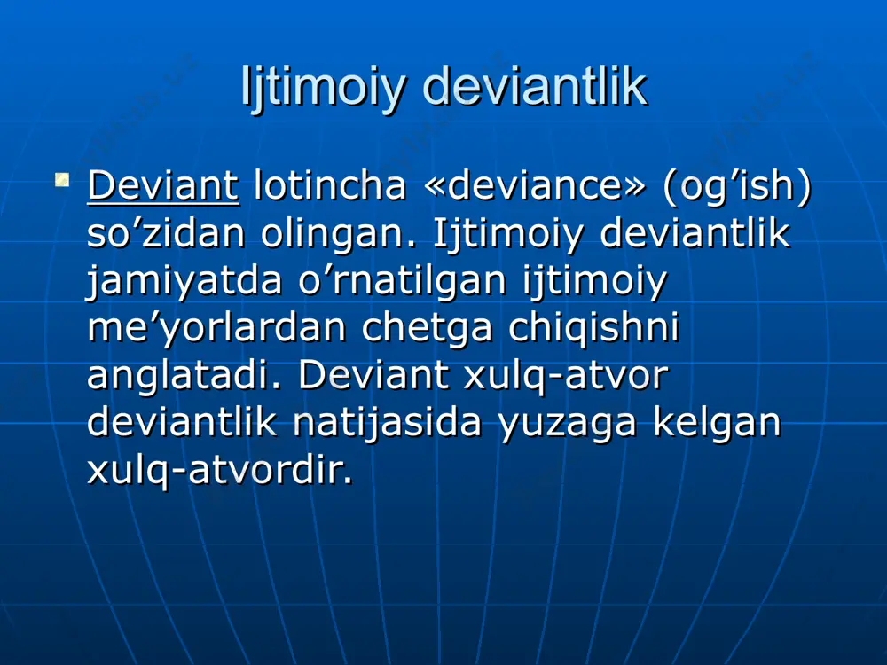 ik dini; nasroniylik dini; islom dini. deviantlik nazariyalari (n.smelzer) yondashuv turlari nazariya muallif asosiy g’oya biologik jismoniy belgilar jinoiy belgilar bilan aloqadorlikka ega lombrozo jismoniy xususiyatlar deviantlik sababi deviant xulqlilarda ko’p uchraydigan gavda tuzilishi sheldon psixologik ruhiy tahlil nazariyasi freyd shaxsga xos ziddiyatlar devantlikni yuzaga keltiradi sotsiologik anomiya dyurkgeym deviantlik ijtimoiy meyorlardagi noaniqliklar sababli yuzaga keladi merton deviantlik jamiyatdagi madaniy jihatdan ma’qullangan maqsadlar bilan unga erishish vositalari o’rtasidagi mos kelmaslik natijasida yuzaga keladi madaniyatshunoslik nazariyalari sellin, miller, sater-lend deviatsiyaning sababi submadaniyat me’yorlari bilan hukmron madaniyat me’yorlari o’rtasidagi ziddiyatda yorliq yopishtirish/ ajratib ko’rsatish nazariyalari bekker deviatsiyalar – hukmron guruhlar tomonidan kamroq himoyalangan guruhlar xulq-atvoriga yopishtirilgan “yorliq”dir radikal kriminologiya turk, kvini, yang, teylor deviatsiya – kapitalistik jamiyat me’yorlariga qarshilik ko’rsatish oqibatidir zardushtiylikda ijtimoiy deviantlik “ezgu o’y, ezgu so’z va ezgu ishlarni alqayman. o’zimni butkul ezgu o’y, ezgu so’z va ezgu ishlarga baxshida etaman, barcha qabih o’y, yomon so’z va yomon ishlardan tiyaman. …