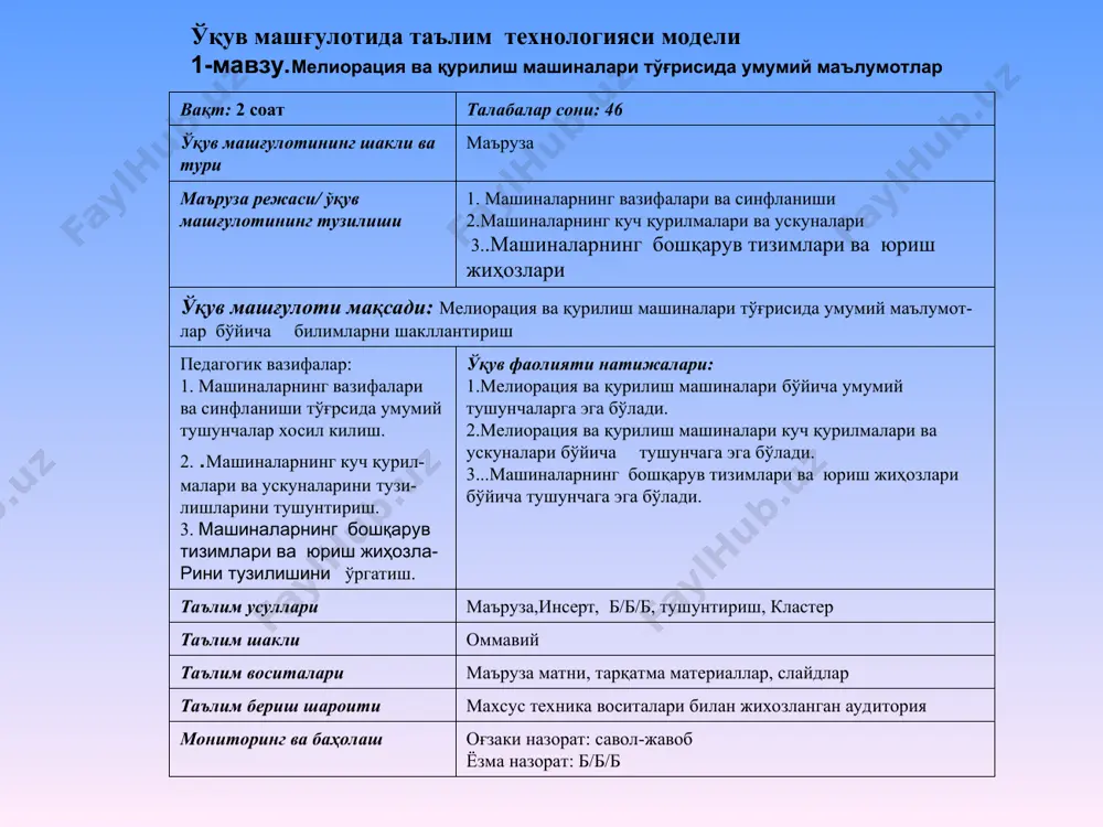 аган холда иш юритиш қоидалари матнни ўкинг. қаторларига қалам билан белгилар қўйиб, олинган маълумотларни тизимлаштиринг: v – мавжуд бўлган билимларга мос келади; - - ..ҳақидаги билимларга эътироз билдиради; + - янги маълумотлар ҳисобланади; ? – тушунарсиз қўшимча маълумот талаб қилинади. 2-илова б/б/б (биламан/ билишни хохлайман/ билиб олдим) «инсерт» техникасидан фойдаланиб матнни ўқинг. олинган маълумотларни тизимлаштиринг – матнга қўйилган белгилар асосида жадвал қаторларини тўлдириб чиқинг. т/р мавзу саволлари биламан билишни хохлайман билиб олдим 1. 2. 3. 4. кластер(тизимлаштириш) 3-илова бульдо-зерлар ағдаргичи буриладиган ағдаргичи бурилмайдиганнган механик бошқариладиган гидравлик бошқариладиган ўрмаловчи(гнусе-ницали) пневмо- ғилдиракли енгил ва ўрта оғир ва ўта оғир тортиш кл-си бўйича ушбу ўрганиладиган фаннинг асосий мақсади – сув хўжалиги мажмуасида қўлланиладиган мелиорация, қурилиш машиналари ва кичик механизация воситалари(қўл машиналари)нинг тузилишларини, уларнинг классификацияларини, қўлланилиш соҳаларини, уларга қўйиладиган талабларни, ишлатиш ва хизмат кўрсатиш вақтида риоя этиладиган қоидаларни, техника хавфсизлиги ва бошқа талабларни ўрганишдир. фаннинг асосий вазифаси – олинган назарий билимларни мустаҳкамлаш билан бир …