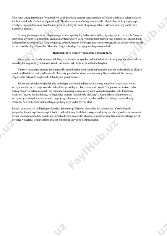 larini aniqlaysiz. har bir yangi bosqich avvalgisi tugagandan so'ng boshlanadi. talablar va resurslar odatda loyiha boshlanishidan oldin belgilanadi va xodimlar imkon qadar loyiha rejasini o'zgartirmaslikka harakat qilishadi. aytaylik, siz dizayn agentligi bilan elektron kitob yaratish uchun ishlayapsiz. avval siz ushbu kitobning to'liq matnini taqdim etishingiz kerak. keyin dizayn agentligi ushbu matnni oladi va uning asosida dizaynlarni yaratadi. nihoyat, sizning jamoangiz formatlash va tartib jihatidan hamma narsa tartibda bo'lishini ta'minlash uchun elektron kitobni texnik tahrirlashni amalga oshiradi. bu sharshara modelining namunasidir, chunki har bir keyingi bosqich avvalgisi tugagandan so'ng boshlanadi (siz uning dizayni ishlab chiqilmaguncha elektron kitobni joylashtirishni boshlay olmaysiz). sizning jamoangiz nima qilayotganiga va ular qanday loyihalar ustida ishlayotganiga qarab, iterativ bo'lmagan jarayonlar qiyin bo'lishi mumkin, chunki ular iteratsiya va doimiy takomillashtirishga vaqt ajratmaydi. muhandislik ishlanmalari noaniqlikni o'z ichiga olganligi sababli, iterativ bo'lmagan jarayonlar o'rniga, ishlab chiquvchilar odatda iterativ usuldan foydalanadilar. shu bilan birga, u boshqa turdagi guruhlarga mos keladi. …