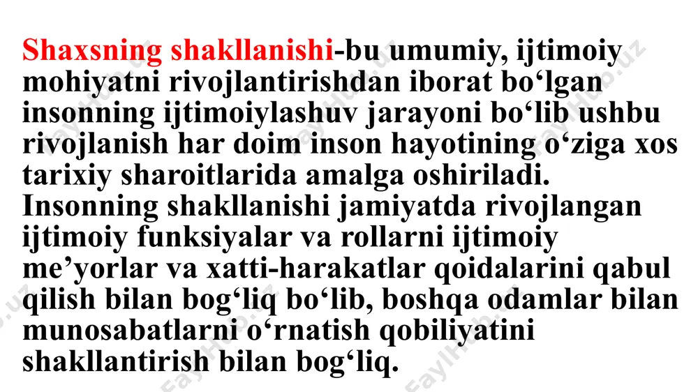 eng tarqalgan termin. identifikatsiya ijtimoiylashuvning eng muhim mexanizmi bo‘lib, u bir guruhga kirishda, guruh a’zolarini tushunishda, ijtimoiy munosabatlarni shakllantirishda va hokazolarda shaxsning ijtimoiy rolini qabul qilishda namoyon bo‘ladi imitatsiya-shaxsning xatti-harakati, boshqa odamlarning tajribasi (xususan, uslub, harakatlar, va boshqalar) ongli yoki ongsiz ravishda takrorlanishi - ) imitatsiya -insonning xatti-harakati va ruhiga ta’sir qilish, bu ularning axborot xususiyatlarini tanqidiy idrok etishni nazarda tutadi. fasilitatsiya-ayrim kishilarning xatti-harakatlarini boshqalarning faoliyatiga rag‘batlantiruvchi ta’siri, natijada ularning faoliyati erkin va jadalroq ("fasilitatsiya" - "yordam" degan ma’noni anglatadi»); konformlilik-atrofdagi odamlar bilan kelishmovchiliklarni tushunish va ular bilan tashqi kelishuv, xatti-harakatlarda amalga oshiriladi (nemov, 1994). ijtimoiylashuvning to‘rtta psixologik mexanizmini ajratib ko‘rsatadilar: imitatsiya-bolaning muayyan xatti-harakatlarini nusxalash uchun ongli istagi; uyalish-boshqa odamlarning reaksiyasi bilan bog‘liq ta’sir va uyalish hissi; aybdorlik hissi-boshqa odamlardan qat’iyi nazar, o‘zini jazolash bilan bog‘liq ta’sir qilish. birinchi mexanizm ijobiydir —uyalish va aybdorlik muayyan xatti-harakatni taqiqlovchi yoki bostiradigan salbiy mexanizmlardir. jtimoiylashuv bosqichlari; 1. mehnatgacha bosqich; 1.1. erta ijtimoiylashuv 0-7yosh …