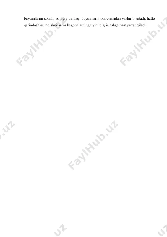 g asosiy fikri pul topish, narkotik sotib olib qabul qilishga qaratiladi. pul topish uchun o`smir avval o`zining buyumlarini sotadi, so`ngra uyidagi buyumlarni ota-onasidan yashirib sotadi, hatto qarindoshlar, qo`shnilar va begonalarning uyini o`g`irlashga ham jur‘at qiladi.
