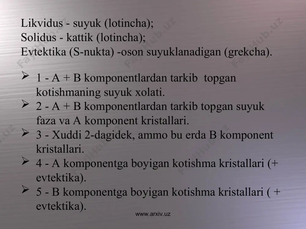 xiv.uz elektrokimyoviy korroziyalanishga turli omillarning ta’siri ilgari aytib utganimizdek korroziyalanishga ta’sir etuvchi omillar shartli ravishda ikki turga, ya’ni tashki (muxit tabiati uning kimyoviy tarkibi, korroziyalanishni tezlashtiruvchi yoki sekinlashtiruvchi kushimchalarni eritmada ishtirok etishi) xamda ichki omillar (metallning tarkibi, tuzilishi, strukturasi, kuchlanishi, yuzining xolati va boshkalar) ga bulinadi. shulardan eng asosiysi muxitning vodorod kursatkichi rn dir. shularga ayrim misollarni keltiramiz. www.arxiv.uz www.arxiv.uz www.arxiv.uz www.arxiv.uz agar muxit (eritma) da oksidlovchi bulmay, fakatgina xavo kislorodi bulsa au va pt ni korroziyalanishi birinchi rasmdagidek buladi. ikkinchi rasmdan kurinib turibtiki, bu metallarning oksidlari ishkoriy va kislotali muxitda eriydi. bu metallarning gidrat oksidlari amfoter oksidlardir. zno kislotali muxitda tegishlicha tuz xosil kilib, ishkoriy muxitda tsinkatlarni - na2zno2 - xosil kiladi. shunday kilib bu metallar kislotali va ishkoriy muxitlarda ximoya pardadan maxrum bulganliklari uchun bunday muxitlarda korroziyalanadi. www.arxiv.uz www.arxiv.uz xar bir metall uchun uzining korroziyalanish tezligini muxitga nisbatan egri chizigi bor. biz bu erda ularni xammasi uchun bunday …