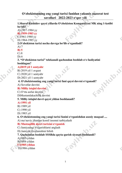 o‘zbekistonning eng yangi tarixi fanidan yakuniy nazorat test savollari 2022-2023 o‘quv yili — DOCX