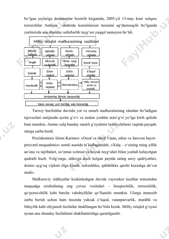 tunlay yangi bir tuzumga o‘tish davrida milliy istiqlol g‘oyasi xalqni ma’naviy-ruhiy jihatdan qo‘llab-quvvatlaydi, unga suyanch bo‘ladi, odamlarda kelajakka ishonch uyg‘otadi. chunki odamlar bu g‘oyaning asosiy tushuncha va tamoyillari misolida o‘z hayotiy manfaatlari va orzu-umidlari ifodasini ko‘radi. jamiyatdagi boshqa g‘oyalarga faol munosabat, faol hayotiy qarashni tarbiyalash milliy istiqlol g‘oyasining yana bir muhim maqsadidir. g‘oyalar oshkora yoki yashirin, bevosita yoki bilvosita, haqiqiy yoki ramziy shakllarda targ‘ib etilishi mumkin. odatda, inson faoliyati aniq bir g‘oyaviy maqsadga yo‘naltirilgan bo‘lsa-da, bu hamma vaqt ham ko‘zga yaqqol tashlanavermaydi. g‘oyaviy tarbiyaning yana bir vazifasi kishilarda hushyorlik, sezgirlik hissini shakllantirish, ularda yot va zararli g‘oyalarga qarshilik ko‘rsatish qobiliyatini, ya’ni mafkuraviy immunitetni shakllantirishdan iboratdir. mafkuraviy immunitet tarbiyasi uzoq davom etadigan jarayondir. bu jarayonda tarix, adabiyot kabi ijtimoiy fanlar muhim ahamiyat kasb etadi. mafkuraviy immunitetni shakllantirish – g‘oyaviytarbiyaviy ish samaradorligining muhim mezoni hisoblanadi. milliy istiqlol g‘oyasi jamiyatda ijtimoiy-siyosiy harakatning o‘ziga xos dasturilamali bo‘lib xizmat qiladi. garchi bu g‘oya odamlarni bugungi …