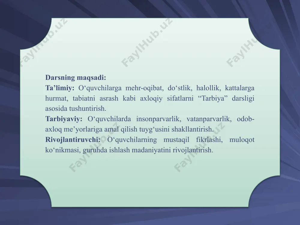 qlik-do’stlik, yosh bolalarga , bemorlar, nogironlarga, qariyalarga g’amxo’rlik qilish xislatlarini tarbiyalash; -mehnatga, o’z kasbiga muhabbat hissini o’stirish, intizomli bo’lish, ijtimoiy mulkka yangicha munosabatni tarbiyalash; -elim deb, yurtim deb -yonib yashash, o’z shaxsiy manfaatini jamoa manfaatidan ustun ko’rmaslik, o’zining butun kuch qudrati-ni umum ishiga bag’ishlash tuyg’usini tarbiyalash; -mehnatda va o’qishda printsipiallik, qat’iylik, matonat, haqqoniylik, halollik, ishda ijodkorlik, insonparvarlik, yuksak vatanparvarlik, qat’iy jasorat, har qanday qiyinchi-liklardan qo’rqmaslik hislarini tarbiyalash; -jamiyat tomonidan qabul qilingan qonun va qoidalarni ongli suratda bajarish, axloq-odob qoidalariga ongli suratda -bo’ysunishga o’rgatish va hokazolar. ma’naviy - axloqiy tarbiyaning mohiyatn va mazmuni. o’tmish mutafakkirlarining ma’naviy - axloqiy tarbiya haqida-gi pedagogik g’oyalari. ma’naviy - axloqiy tarbiyani amalga oshirish yo’llari, usul-lari hamda vositalari. ma’naviyat - bu arabcha so’z bo’lib, biror narsa yoki xodisaning tub ma’nosini, mohiyatini, mazmunini anglab etishdir. ma’naviyat - mantiq (logika) fani bilan talqin etilganda, u keng, ya’ni jins tushuncha bo’lib, uni qamrab olgan tur tushunchalar mavjud. ma’naviy-axloqiy tarbiya vazifalari …