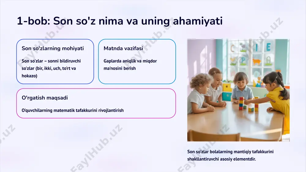 matematik charades harakatlar orqali sonlarni ifodalash o'yini hamkorlikda o'rganish guruh ishlarida son so'zlarni o'rganish o'quvchilarning ijtimoiy ko'nikmalarini ham rivojlantiradi va o'rganish samaradorligini oshiradi. 3-bob: dars rejasi va o'quv materiallari kirish bosqichi mavzuni tanishtirish, o'quvchilarning e'tiborini jalb qilish va oldingi bilimlarni eslatib o'tish tushuntirish yangi materiallarni bosqichma-bosqich tushuntirish, misollar keltirish va ko'rsatish mustahkamlash amaliy mashqlar, o'yinlar va individual ishlar orqali bilimlarni puxtalash nazorat o'zlashtirilgan bilimlarni tekshirish va baholash jarayoni qiziqarli va qulay materiallar tayyorlash o'quvchilarning darsga bo'lgan qiziqishini oshiradi va o'rganish jarayonini samarali qiladi. misol: "bir, ikki, uch" mavzusida dars rejasi 1 kirish (5 daqiqa) son tushunchasini kundalik hayot bilan bog'lab so'zlab berish. o'quvchilar bilan qisqa suhbat o'tkazish. 2 tushuntirish (15 daqiqa) son so'zlarning gapdagi vazifasi va qo'llanilishini konkret misollar bilan tushuntirish. 3 mashq qilish (15 daqiqa) sonlarni sanash va gapda to'g'ri ishlatish bo'yicha amaliy mashg'ulotlar o'tkazish. 4 nazorat (10 daqiqa) kichik test yoki og'zaki so'rov orqali o'zlashtirish darajasini aniqlash. 4-bob: …