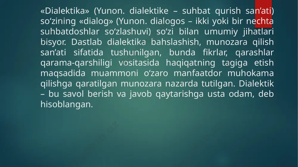 da yuz bergan. shunga qaramay dialektikaning eng yaxlit konsepsiyasini klassik nemis falsafasida georg gegel ta’riflagan. bu konsepsiya dialektikaning ikkinchi shakli deb ataladi. gegel ilk bor dunyoni quyidan oliyga qarab boruvchi umumiy rivojlanish jarayoni sifatida tasvirlagan, rivojlanish manbai - qarama-qarshiliklar kurashini ko‘rsatib bergan, dialektikaning asosiy qonunlari va kategoriyalarini ta’riflagan. gegel dialektikasi dialektikaning navbatdagi shakli vujudga kelishiga zamin hozirlagan. nemis faylasuflari karl marks va fridrix engels bu zaminga tayangan holda yangi qadamni tashlash – materializmni dialektik mantiq bilan bog‘lashga harakat qilganlar. buning natijasi o‘laroq dialektikaning uchinchi tarixiy shakli materialistik dialektika yaratilgan (xix asrning ikkinchi yarmi). unga amalda ilmiy bilishning rivojlanishi yo‘l ochib bergan. xix asrning 40-yillarigacha fanning turli sohalarida yangi kashfiyotlar paydo bo‘lgan va ular tabiatni tushuntirishga nisbatan dialektik-materialistik yondashuvni tabiatshunoslik nuqtai nazaridan asoslagan. ularning orasida uch kashfiyot: 1) fizikada – materiya harakati turli shakllarining o‘zaro aloqasini asoslab bergan energiyaning saqlanish va o‘zgarish qonunining aniqlanishi; 2) biologiyada – butun jonli tabiatning (o‘simliklar …