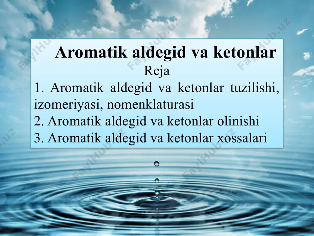 aromatik ketonlar. ketonlar molekulasida karbonil с=o guruhi ikkita radikalga bo qlangan bo`lib, ulardan bittasi albatta aromatik qoldiq (radikal) bo`lishi kerak: с о ch 3 с о ацетофенон бензофенон bu xildagi ketonlar asosan aromatik uglevodorodlarni fridel' -krafts usulida kislota xlorangidridlari bilan alcl 3 ishtirokida atsillab olinadi: с о ch 3 с о + сl-c=o ch 3 alcl 3 +hcl с о cl alcl 3 +hcl + /docprops/thumbnail.jpeg