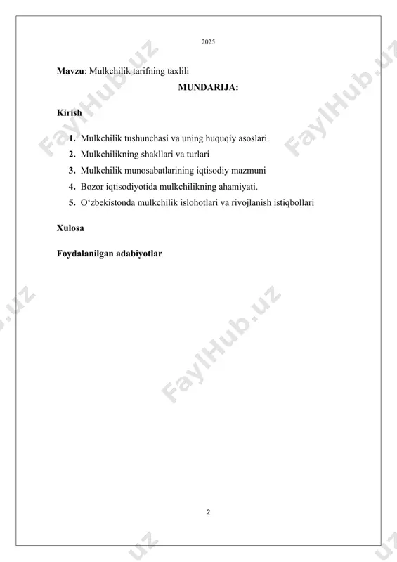 rsatadi. bozor iqtisodiyoti sharoitida mulkchilikning ahamiyati yanada ortadi. chunki raqobat muhiti, erkin bozor mexanizmi va iqtisodiy manfaatlarning uyg‘unligi bevosita mulkchilik munosabatlariga bog‘liq. xususiylashtirish jarayonlari orqali mulkchilikning yangi shakllari yuzaga keladi va iqtisodiyotda samaradorlik oshadi. o‘zbekiston misolida olib qaralganda, mustaqillik yillaridan boshlab mulkchilik munosabatlarini isloh qilish, xususiy mulkni himoya qilish va tadbirkorlikni rivojlantirish davlat siyosatining ustuvor yo‘nalishlaridan biriga aylandi. bugungi kunda esa mamlakatda mulkchilik huquqlari mustahkam huquqiy asoslar bilan kafolatlangan bo‘lib, uning yanada rivojlanish istiqbollari iqtisodiy barqarorlikni ta’minlashda muhim omil bo‘lib xizmat qilmoqda. 1. mulkchilik tushunchasi va uning huquqiy asoslari mulkchilik jamiyat taraqqiyotining eng asosiy kategoriyalaridan biri hisoblanadi. u iqtisodiy munosabatlarning markazida turib, ishlab chiqarish vositalari va natijalarining kimga tegishli ekanligini belgilaydi. aslida mulkchilik tushunchasi ikki xil mazmunni o‘zida mujassam etadi: iqtisodiy mazmun va huquqiy mazmun. iqtisodiy jihatdan mulkchilik – bu ishlab chiqarish vositalarini egallash, ulardan foydalanish va natijada olingan daromadlarni taqsimlash munosabatlaridir. huquqiy jihatdan esa mulkchilik – bu mulkdorning o‘z …