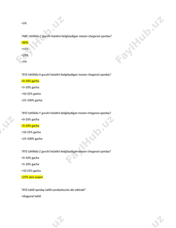 uzlar =sog’in sigirlar =qiyin bolalar ?bcg tahlilida past o‘sish sur‘ati va yuqori bozor ulushiga ega bo‘lgan kvadrant qanday nomlanadi? =itlar =yulduzlar =sog’in sigirlar =qiyin bolalar ?bcg tahlilida yuqori o‘sish sur‘ati va past bozor ulushiga ega bo‘lgan kvadrant qanday nomlanadi? =itlar =yulduzlar =sog’in sigirlar =qiyin bolalar ?bcg tahlilida past o‘sish sur‘ati va past bozor ulushiga ega bo‘lgan kvadrant qanday nomlanadi? =itlar =yulduzlar =sog’in sigirlar =qiyin bolalar ?bcg tahlilida qanday ko‘rsatkichlarni belgilab olish kerak? =korxonaning foydasi =korxonaning foyda o‘sish sur’ati =korxonaning zarari =korxonaning zarari o‘sish sur’ati ?qaysi tahlil marketingning makro muhitini tahlili uchun qulay hisoblanadi? =pest =bcg =swot =nps ?qaysi tahlil marketingning mikro muhitini tahlili uchun qulay hisoblanadi? =swot =bcg =pest =nps ?swot tahlilida s guruhida qanday omillar o‘rganiladi? =korxonaning kuchli jihatlari =korxonaning kuchsiz jihatlari =korxonaning imkoniyatlari =korxonaning xavf-xatarlari ?swot tahlilida w guruhida qanday omillar o‘rganiladi? =korxonaning kuchli jihatlari =korxonaning kuchsiz jihatlari =korxonaning imkoniyatlari =korxonaning xavf-xatarlari ?swot tahlilida o guruhida qanday omillar …