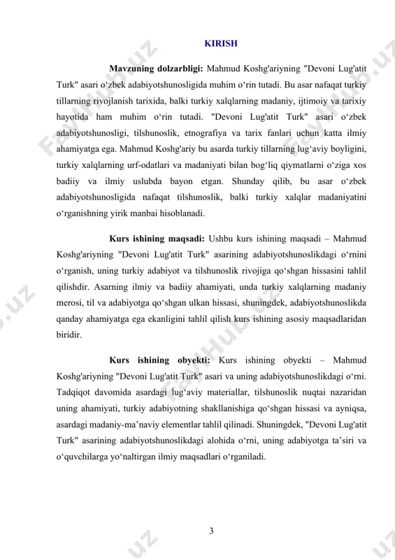 vojlantirishga, shu jumladan tilshunoslik, adabiyot va falsafaga katta e’tibor bergan. ikkinchidan, koshg‘ariy, o‘zining asarini yozishda, turkiy tilning o‘ziga xos xususiyatlarini, grammatikasi va leksikasini to‘liq o‘rganishga qaratdi. "devoni lug‘atit turk"da turkiy so‘zlarning ma'nosi, ularning qo‘llanishi va tilga oid turli tahlillar keltirilgan. asar, nafaqat tilshunoslik, balki turkiy xalqlarining madaniyati, urf-odatlari, tarixi va dunyoqarashlarini yoritishga ham qaratilgan. shuningdek, asar turkiy tildagi so‘zlarning lug‘aviy ta’riflarini berib, ularni arab, fors, mo‘g‘ul va boshqa tillar bilan solishtirgan. bu metodologiya koshg‘ariyning o‘zining ilmiy yondashuvini va uning davrining bilimli shaxslaridan biri sifatidagi obro‘sini yanada oshirgan. "devoni lug‘atit turk" faqat bir lug‘at emas, balki turkiy til va madaniyatning murakkab tarixiy tizimini o‘rganish uchun qimmatli manba sifatida xizmat qiladi. shunday qilib, "devoni lug‘atit turk" asarining yaratilish shart-sharoitlari mahmud koshg‘ariyning o‘z zamonidagi ilmiy va madaniy faoliyatga bo‘lgan yuksak hurmati, turkiy til va uning madaniyatini o‘rganishga bo‘lgan qiziqishi, shuningdek, uning o‘z xalqining tilini boshqa tillar bilan solishtirish va keng jahon madaniyatida o‘rganishga …