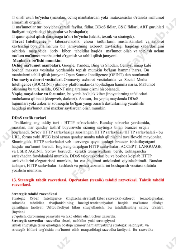 qsadlar hujum va ma'lumotlarni olishdir. 3. **telefon phishingi (vishing):** bu usulda hujumchilar telefon orqali xodim yoki mijozni deyarli yuborgan shaxs yoki tashkilot bo'lib ta'qib qilishadi. ular kutilmagan bo'lgan ma'lumotlarni so'rab, shaxsning identifikatorini ishlatib, xavfsizlik kodi olishga harakat qilishadi. phishingda foydalanuvchilar kutilmagan vaqtida, har doim o'zlarini tekshirib chiqish, rasmiy xabarlar va manzillar orqali ma'lumotlarni kiritishdan chekinish va qarshilik qilish mumkin. xavfsizlik sohasida bilim va ma'lumotlarga ega bo'lish, shuningdek, hujumchilar tomonidan qo'llanilayotgan yangi usullar va taktikalarga qarshi tursa, bu turlarning zararlarini kamaytirish mumkin. kiberrazvetka platformalari кибер разведка платформаси — бу бошқариш учун кенгроқ имконият ва билимларга эга. аниқлик учун rss-ўқувчи каби маълумотлар жамловчиси солиштирайлик. rss нинг оддий вазифаси - мақолалар тўплаш, уларни сақлаш ва ўқиш учун фойдаланувчига тақдим этиш. разведка платформаси нафақат маълумотларни тўплаш, балки ҳужумнинг расмини, зараркунанда инфекциянинг ривожланишини тушуниш, турли хил зараркунанда компаниялар ва гуруҳларнинг ўхшаш хусусиятларини аниқлаш, ҳужумлар ва шунга ўхшаш аналитик вазифаларни, шу жумладан, автоматик равишда аниқлаш учун …