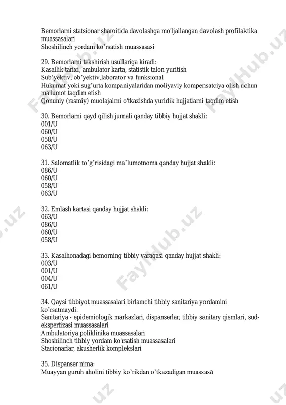’ri statsionar rejimini tashkil etish bemorni zararli odatlari ko’pligi ichki nazoratni yo’qligi 45. tibbiy chiqindilarni yo’q qilish usullarini ko’rsating: kuydirish va nurlantirish oddiy va maxsus usul murakkab usul deratizatsion usul 46. ifloslangan shprits va ignalar uchun qanday idishlar ishlatiladi: kraft paketlar teshilmaydigan idishlar bir marotabali selofan paketlar plastik butilkalar, qopqoqli shisha idishlar 47. sistemalar qanday dezinfeksiya qilinadi: maxsus nurlar yordamida zararsizlantiriladi sistemalar qirqiladi, xlor 0,5 % li dez moddada zararsizlantiriladi gipoxlorid kalsiyga solinadi va olinib 20 daqiqada qaynatiladi 10 daqiqa xloraminga solib zararsizlantiriladi 48. muolajadan oldin va keyin tibbiyot hodimlari qo’lga qanday ishlov beradi fizik va kimyoviy usullarni qo’llagan holda qo’llar yuviladi san q va m me’yoriy hujjat asosida qo’llarga 6 ta bosqichda ishlov beriladi qo’lga maxsus gellar va kimyoviy vositalar bilan ishlov beriladi san q va m asosida qo’lni dez eritma bilan yuviladi 49. suyuq chiqindilar bilan ishlaganda nimalardan foydalanish kerak: ho’jalik rezinali perchatka, himoya ko’zoynagi, kliyonka fartuklardan steril …