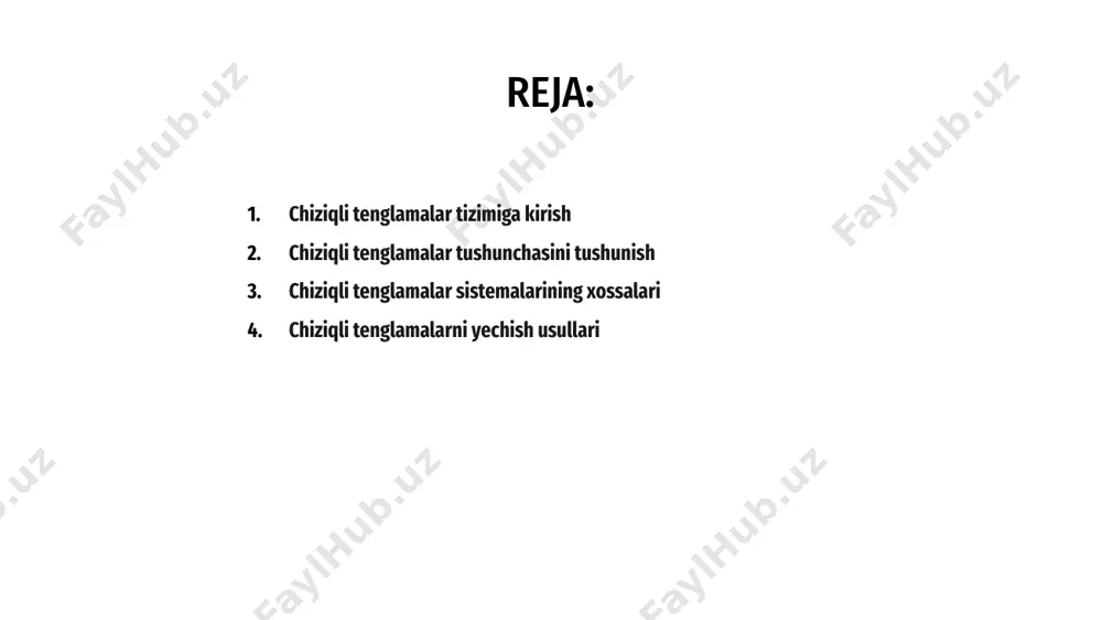 ir nechta tenglamalarni o'z ichiga oladi. yechim bir vaqtning o'zida barcha tenglamalarni qanoatlantiradigan qiymatlar to'plamidir. chiziqli tenglamalar sistemasi yagona yechimga ega, yechimsiz yoki cheksiz koʻp yechimga ega boʻlishi mumkin. bu xususiyatlar tenglamalar orasidagi munosabatlarga bog'liq. ushbu xususiyatlarni tushunish chiziqli tenglamalar tizimini samarali echishda juda muhimdir. tenglamalarni tahlil qilish, naqshlarni topish va tegishli usullarni qo'llash orqali yechimlarni aniq aniqlash mumkin. salavha chiziqli tenglamalar chiziqli munosabatlar bilan bog'langan bir nechta noma'lum o'zgaruvchilarni ifodalaydi. ularni yechish bir vaqtning o'zida barcha tenglamalarni qanoatlantiradigan qiymatlarni topishni o'z ichiga oladi. 1 chiziqli tenglamalar tizimini yechishning turli usullari mavjud, masalan, almashtirish, yo'q qilish va matritsa operatsiyalari. har bir usul o'zining afzalliklari va kamchiliklariga ega. 3 chiziqli tenglamalar tushunchasini va ularni hal qilish usullarini tushunish muhandislik, iqtisod va fizika kabi turli sohalarda muammolarni hal qilish va optimallashtirish uchun juda muhimdir. 2 chiziqli tenglamalarning grafik tasviri a chiziqli tenglamalar tizimi tushunchasi bir xil o'zgaruvchilarga ega bo'lgan bir nechta tenglamalarni …