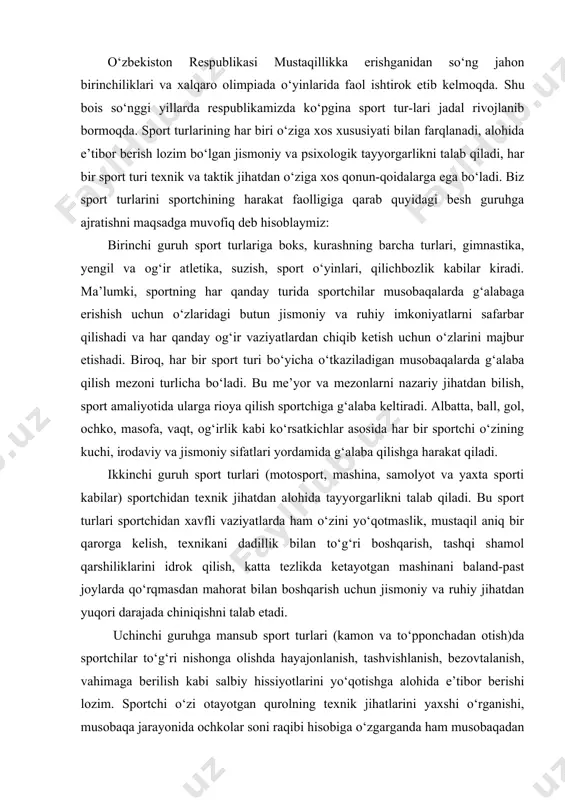 n jismoniy va ruhiy jihatdan yuqori darajada chiniqishni talab etadi. uchinchi guruhga mansub sport turlari (kamon va to‘pponchadan otish)da sportchilar to‘g‘ri nishonga olishda hayajonlanish, tashvishlanish, bezovtalanish, vahimaga berilish kabi salbiy hissiyotlarini yo‘qotishga alohida e’tibor berishi lozim. sportchi o‘zi otayotgan qurolning texnik jihatlarini yaxshi o‘rganishi, musobaqa jarayonida ochkolar soni raqibi hisobiga o‘zgarganda ham musobaqadan sovib ketmasligi, g‘alabaga intiluvchanlik kabi ijobiy sifatlarini rivojlantirishi zarur. to‘rtinchi guruhga aviamodel, avtomodel va shunga o‘xshash konstruktorlik qobiliyatlar bilan bog‘liq bo‘lgan sport turlari kiradi. sportning bunday turlari sportchidan talant va ijodkorlik qobiliyatlarini o‘stirishni talab qiladi. sportchi o‘zidagi ijodiy xayoliy obrazlar yordamida yangidan yangi aviamodel va avtomodel qurilmalarini ixtiro qilish qobiliyatlarini o‘stirishga e’tibor beradi. beshinchi guruh sport turlariga shaxmat va shashka kiradi. bu sport turlari bilan shug‘ullanuvchi sportchilarda fikrlash qobiliyati hamisha aniq maqsadga qaratilgan, ixtiyoriy xarakterga ega bo‘ladi. mahoratli shaxmatchi o‘yin paytida o‘ta murakkab, qiyin usullarni raqibidan aniqroq, tezroq anglaydi. sportchi ongida hal etilishi talab qilinadigan mulohazali xayoliy …