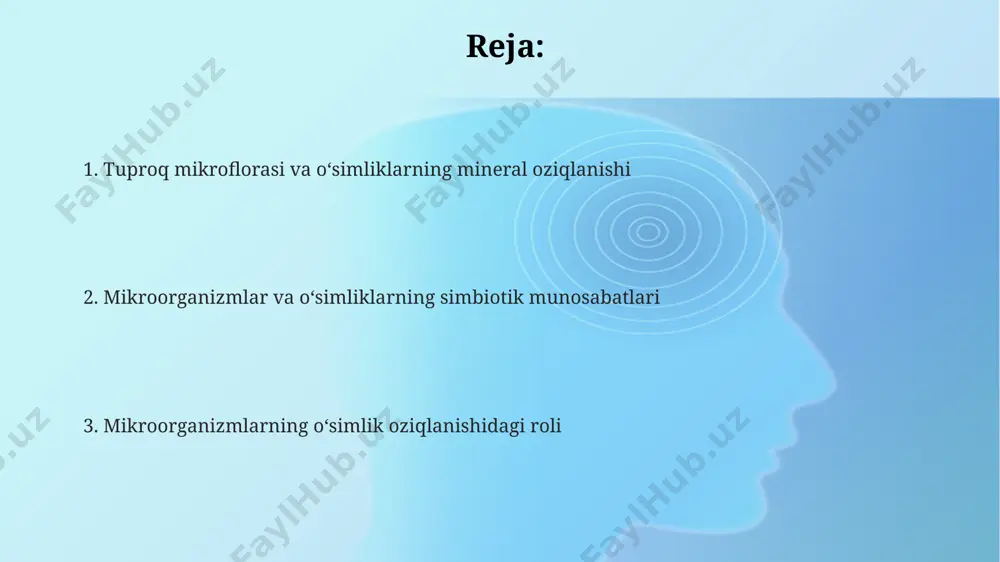 andijon viloyatining unumdor tuproqlarida faol kechadi. guhum kislotalarini parchalovchi mikroorganizmlar, taxminan 20 ga yaqin turdagi fermentlar yordamida, organik moddadagi murakkab organik birikmalarni sodda, o'simliklar uchun oson hazm bo'ladigan mineral shakllarga aylantiradi, masalan, temir (fe) va marganes (mn)ni chiqarishda muhim rol o'ynaydi. mikroorganizmlar, masalan, bacillus turlarining 70% gacha organik fosforni mineralizatsiya qilib, o'simliklar uchun o'zlashtiriladigan fosfat shakliga o'tkazishi mumkin, bu esa ayniqsa, qurg'oqchil hududlar, masalan, qashqadaryo viloyatida muhimdir. tuproq mikroflorasi va uning tarkibi samarqand viloyatining qora tuproqlarida, fosforni o‘simliklar uchun o‘zlashtiriladigan shaklga o‘tkazadigan mikoriza zamburug‘lari, 50 dan ortiq turdagi bakteriyalar bilan birgalikda yashaydi. tuproqning unumdorligi, 1 gektar maydonda 10 9 dan ortiq mikroorganizmlar soni bilan bevosita bog‘liq bo‘lib, ularning tarkibiga zamburug‘lar, aktinomitsitlar va turli xil bakteriyalar kiradi. o‘zbekistonning cho‘l hududlarida, masalan, qoraqalpog‘istonda, tuproq mikroflorasi tarkibida 100 dan ortiq bakteriya turlari, jumladan, azot fiksatsiyasi jarayonida ishtirok etadigan rhizobium turlari uchraydi. o'simliklarning kasalliklarga chidamliligini oshirishda mikroorganizmlarning roli o'zbekistonning qurg'oqchil hududlarida yashovchi 30 dan …