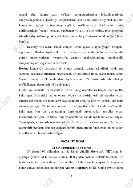 -yilda microsoft tomonidan .net tashabbusi doirasida ishlab chiqilgan va keyinchalik ecma (ecma-334) va iso (iso / iec 23270: 2018) tomonidan xalqaro standart sifatida tasdiqlangan. c# tili tarixi kompyuter tillari oʻz-oʻzidan emas, balki oʻzaro bir-biriga bogʻliqlikda mavjud boʻladi. har qanday yangi til u yoki bu shaklda oldingi yaratilgan tillarning xossalarini oʻziga meros qilib oladi, yaʼni ketma-ketlik prinsipi amalga oshiriladi. natijada bitta tilning imkoniyatlari boshqalari tomonidan foydalaniladi (masalan, yangi xususiyatlar mavjud kontekstga birlashtiriladi, tilning eski tuzilishlari esa oʻchirib yuboriladi). kompyuter tillarining evolyutsiyasi shunday tarzda roʻy beradi va dasturlash mahorati takomillashtiriladi. c# tili yuqoridagilardan istisno emas, u boshqa dasturlash tillarining koʻplab foydali imkoniyatlarini meros qilib oldi va dunyoda eng koʻp qoʻllaniladigan ikkita kompyuter tillari — c, c++, shuningdek java tili bilan uzviy bogʻliqdir. c# tili 1972 yilda nyu-djersi shtatining myurrey-xill shahrida bell laboratories kompaniyasining tizimli dastur tuzuvchisi dennis richie tomonidan yaratilgan. bu til oʻzini shunchalik yaxshi koʻrsatdiki, oxir oqibatda unda unix operatsion tizimlarining …