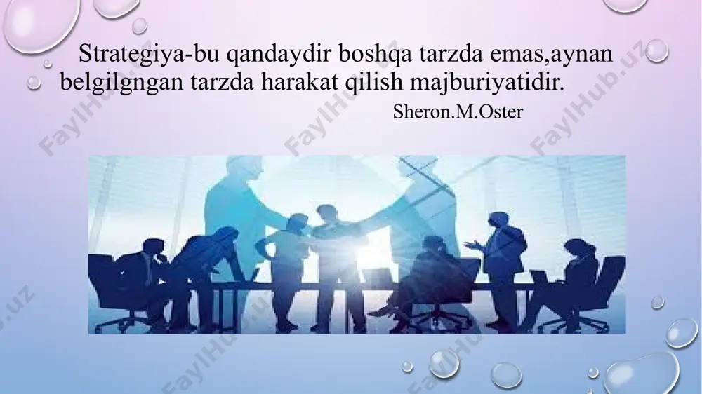 nlik paydo bo'ladi. raqobat strategiyasi kompaniyaning muayyan sohada raqobatlash niyatida ekanligini belgilaydi. raqobat strategiyasi kompaniyaning sanoatda qanday qilib foydali mavqega ega bo'lishidir. bunga kompaniyaning maqsadi bo'lgan iste'molchilar guruhining ta'rifi (aniq yoki yopiq) va ularga tovarlar va xizmatlarni ilgari surish usullari kiradi. funktsional strategiyalar-marketing strategiyasi, moliyaviy, ishlab chiqarish, texnologik va tadqiqot va rivojlantirish kompaniyaning raqobatbardosh strategiyasini kuchaytirish va ulardan foyda olish imkonini beradigan faoliyat va jarayonlarni aniqlash. funktsional strategiyalarning batafsil tavsifi va tahlillari qanday qilib va qanday darajada raqobatdoshligini aniqlashga yordam beradi va turli funktsiyalarni muvofiqlashtirishga e'tibor berishga imkon beradi. tashkilot strategiyasi quyidagi turlarda bo'lishi mumkin: hujum strategiyasi (yutuq); himoyaviy (omon qolish strategiyasi); biznes turini o'zgartirish (yoki qisqartirish) strategiyasi. strategiyani rivojlantirishning etti bosqichi sanoat tahlili-bugun va ertaga rentabellik. joylashuv-raqobatbardosh ustunlik manbai. raqobatchilarning o'tmishdagi faoliyatini tahlil qilish va kelajak uchun prognoz. kompaniyaning pozitsiyasini tahlil qilish uning nisbiy kuchi va barqarorligini baholashdir. imkoniyatlarni tahlil qilish-iste'molchilarning yangi guruhlarini va rivojlanish yo'nalishlarini ko'rib chiqish. kelajakdagi …