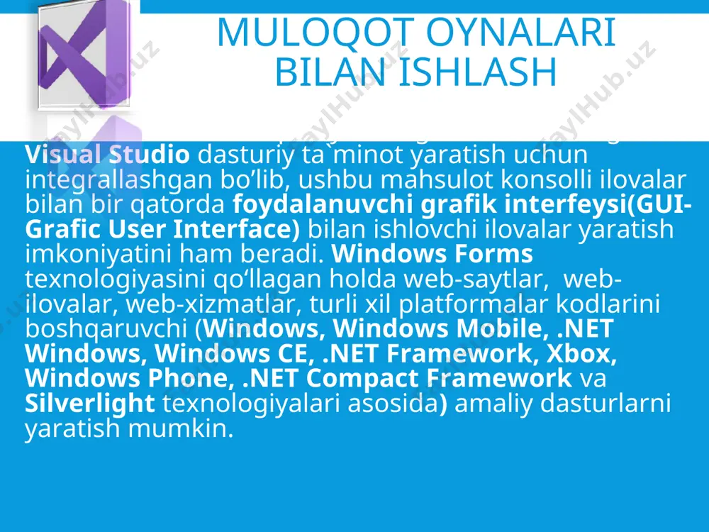 lbox bo’limidan kerakli komponentalarni tanlab shu formaga olib kelib joylashtiramiz; 3- bizning loyihamiz(faktorial) fayllari saqlanadigan loyiha papkasi: 4 - myform.h fayli bizning asosiy formamizda ishlatiladigan komponentalar uchun metodlar va boshqa shunga o’xshash konstruktor kodlar saqlanadigan fayl. 5- myform.cpp manba kodi saqlanadigan fayl(agar siz forma nomini o'zgartirsangiz, fayl boshqa nomga ega bo'ladi). bizning ui ilovalarimiz ishlashi uchun bu fayl kodini quyidagi tartibda tahrirlashimiz zarur: myform.cpp manba kodi saqlanadigan faylni tahrirlash 1 2 3 4 5 6 7 8 9 10 11 using namespace system; using namespace system::windows::forms; [stathread] void main(array ^ arg) { application::enablevisualstyles(); application::setcompatibletextrenderingdefault(false); faktorial::myform form; // bu yerda faktorial bizning loyihamiz nomi application::run(%form); } visual studiodagi loyiha sozlamalarini sozlash o'zgarishlarni faylda saqlaymiz(ctrl+s). endi visual studiodagi loyihamizning bir qator sozlamalarini sozlashni boshlaymiz. "solution explorer" bo’limidagi loyihamiz nomining ustiga sichqoncha o'ng tugmasini bosamiz va “properties(xususiyatlar)" tugmasini bosamiz yoki darhol alt + enter tugmachalarini baravar bosamiz. visual studiodagi loyiha sozlamalarini sozlash visual …