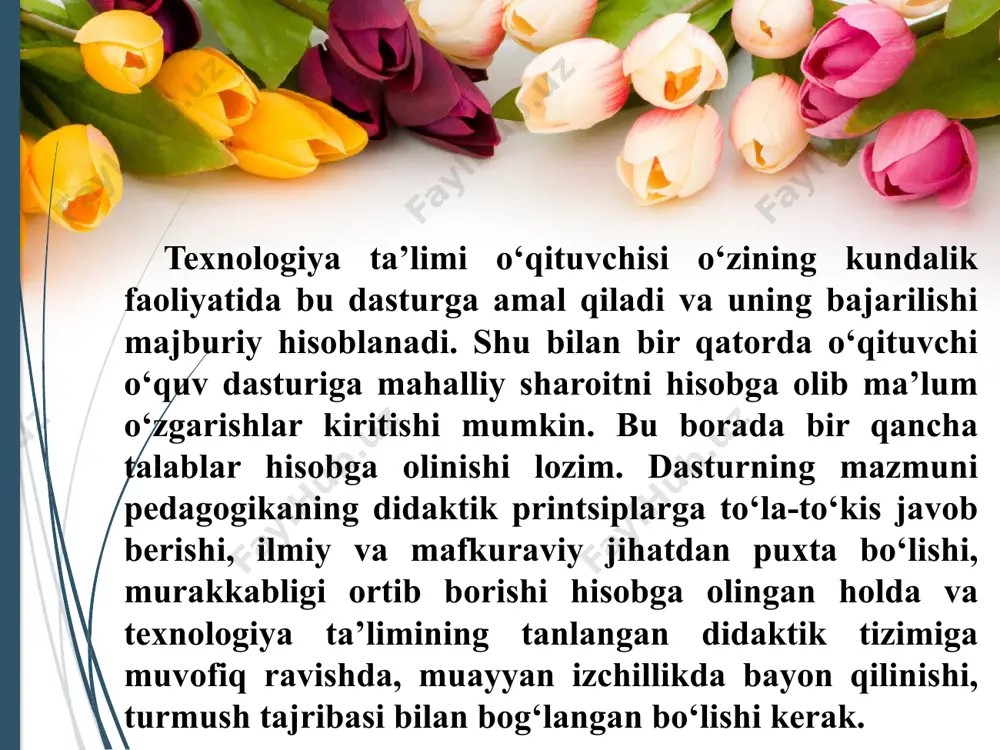 ayotgan amaliy ish mazmuni to‘liq tarzda oldingi amaliy ishga asoslanishi lozim. 3. amaliy ish jarayonida mustaqil ishlash darajasi ortib borishi kerak. mehnat malakasining muvaffaqiyatli bo‘lishi bir qator shartlarga bog‘liq. o‘quvchi o‘z faoliyatini mustaqil rejalashtirmas ekan, uning malakasi hech qachon to‘liq bo‘lmaydi. nazoratning yo‘qligi ko‘pincha xato va nuqsonlarning amaliy ishlar jarayonida ortib borishiga olib keladi. bu esa o‘z navbatida yetilmagan harakat va usullarning shakllanishiga sabab bo‘ladi. boshlang‘ich sinf o‘qituvchisi mehnat ta’limi bo‘yicha ishlarni amalga oshirayotganda o‘quvchilar u yoki bu ishni bajarish natijasida qanday ko‘nikma, bilim va malakalarni egallashlarini aniq bilishi kerak. ana shunday holda o‘qituvchi sinf uchun shu vaqtda zarur bo‘lgan materiallarni tanlash imkoniyatiga ega bo‘ladi. bu o‘rinda muhimi o‘quvchilar mazkur materiallarni tayyorlash jarayonida dastur nazarda tutgan bilim va malakalarni egallab olishlaridan iborat. boshlang‘ich sinf mehnat ta’limi darslaridagi ta’lim-tarbiyaviy vazifalar umumta’lim maktablaridagi mehnat ta’limining umumiy vazifalaridan kelib chiqib, quyidagi mashg‘ulot turlari jarayonida amalga oshiriladi: 1. qog‘oz va karton bilan ishlash. 2. …
