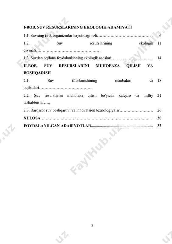 ishlatilishi va iqlim o'zgarishlari kabi tahdidlar suv resurslarining barqarorligini xavf ostiga qo'yadi. suvning global miqyosda kamayib borishi va ifloslanishi, ayniqsa rivojlanayotgan mamlakatlarda, ekologik muammolarga olib kelmoqda. o'zbekistonning markaziy hududlarida suv ta'minoti masalalari, tabiiy resurslarni tejash va ekologik xavfsizlikni ta'minlash dolzarb ahamiyatga ega. suv resurslarini to'g'ri boshqarish, ularni muhofaza qilish va barqaror foydalanish orqali ekologik muvozanatni saqlab qolish zarur. suvning ekologik muhofazasi faqat tabiatni saqlab qolish uchun emas, balki inson hayoti va iqtisodiy faoliyat uchun ham juda muhimdir. suv resurslarining noto'g'ri boshqarilishi esa, qishloq xo'jaligiga, sanoatga va hatto shahar aholisi salomatligiga ta'sir ko'rsatishi mumkin. shu sababli, suv resurslarini muhofaza qilish va ulardan samarali foydalanish masalalari nafaqat ekologik, balki ijtimoiy-iqtisodiy muhimlikka ega. ushbu kurs ishida, suv resurslarining ekologik muhofazasi mavzusini o'rganib, uning dolzarbligini va jahon miqyosidagi ahamiyatini tushunishga harakat qilamiz. o'zbekistonda suv resurslarini boshqarishning mavjud tizimlari va ekologik xavflar haqida fikr yuritamiz va ularni barqaror boshqarish uchun qanday choralar ko'rilishini ko'rib chiqamiz. …