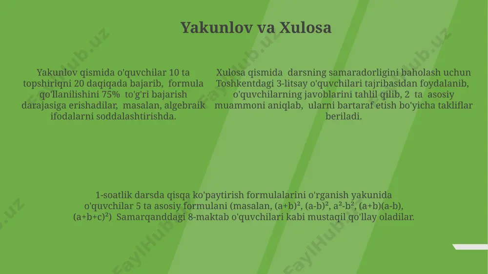 )³ = a³ – 3a²b + 3ab² – b³ ko'rinishida bo'lib, bu yerda a va b istalgan sonlar bo'lishi mumkin. masalan, (5-2)³ ni hisoblashda 5 va 2 sonlarini formulaga qo'yib, javobni 27 deb topamiz (a-b)³ formulasi geometrik ma’noga ega: bir tomoni (a-b) bo'lgan kubning hajmini hisoblash uchun ishlatilishi mumkin. formula 1000 ta kubik birlik hajmini hisoblash uchun 1000-3(10)²(5)+3(10)(5)²-5³ formulasi farg'ona shahrida o'rganiladi. (a-b)³ kubning formulasi uchta a’zoli ifodani beradi: a³ - 3a²b + 3ab² - b³. bu formula algebraik ifodalarni soddalashtirishda, masalan, 7³-3(7)²(3)+3(7)(3)²-3³ kabi misollarda samarqanddagi o'quvchilarga foydali. mustaqil ish mustaqil ish vaqtida, 5-sinf o‘quvchilari samarqanddagi tarixiy binolar haqida 2 ta masala yechish orqali ko‘paytirish formulalarini qo‘llashni mashq qilishadi, har bir masala uchun 10 minut ajratiladi. mustaqil ish uchun 6-sinf o‘quvchilari buxoroda joylashgan 4 ta bog‘ning maydonini topish uchun, berilgan 2 ta sonni ko‘paytirish formulalaridan foydalanib, jami 20 minut sarflaydilar. mustaqil ish doirasida, 7-sinf o‘quvchilari toshkent shahridagi 3 ta turli …