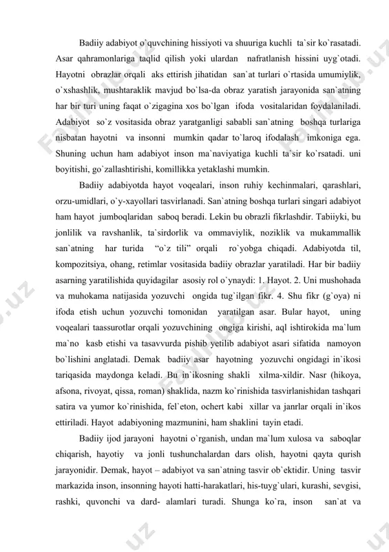 nishidan tashqari satira va yumor ko`rinishida, fel`eton, ochert kabi xillar va janrlar orqali in`ikos ettiriladi. hayot adabiyoning mazmunini, ham shaklini tayin etadi. badiiy ijod jarayoni hayotni o`rganish, undan ma`lum xulosa va saboqlar chiqarish, hayotiy va jonli tushunchalardan dars olish, hayotni qayta qurish jarayonidir. demak, hayot – adabiyot va san`atning tasvir ob`ektidir. uning tasvir markazida inson, insonning hayoti hatti-harakatlari, his-tuyg`ulari, kurashi, sevgisi, rashki, quvonchi va dard- alamlari turadi. shunga ko`ra, inson san`at va adabiyotning bosh predmetidir. v.belinskiyning ta`kidlashicha, qadimgi hind poeziyasida tabiat ilohiylashtirilgan. birinchi o`rinda o`simliklar, ilonlar, qushlar, hayvonlar ko`rsatilgan. odam esa tabiatga esa tobiy, yordamchi ikkinchi darajali kuch sifatida berilgan. san`at taraqqiyotining navbatdagi bosqichida – qadimgi misr, mifologiyasida bahaybat hayvonlar va xudolar obrazlari orasida inson qiyofasi ham ko`rina boshlagan. faqat qadimgi yunon san`atidan boshlab (aristotel ham “poetika” asarida guvohlik beradi) inson san`at asarining bosh predmeti bo`lib xizmat qilgan. san`at ana shu vaqtdan boshlab insonni o`rganishga, uni kashf etishga bor kuch-qudratini …
