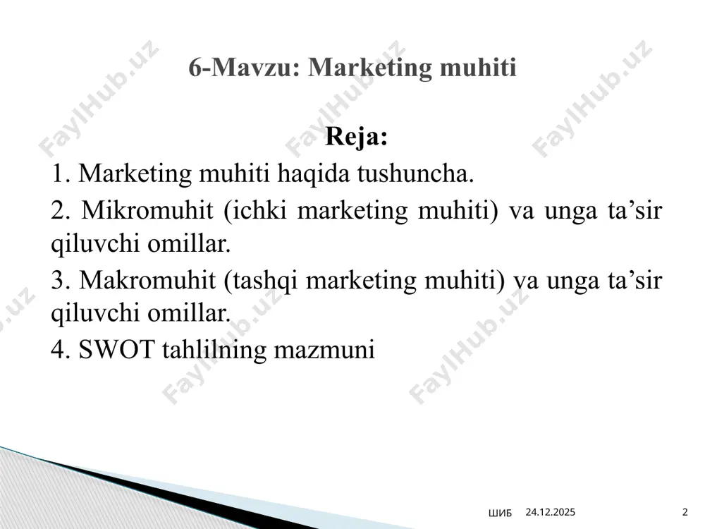 riyalar korxona (firma) 03.10.2024 7 шиб marketingni ichki va tashqi sohasi tushunchasi va ularni o’zaro bog’liqligi marketingning bevosita tashqi mikromuhiti tovarlar va xizmatlar bozor tomon harakatlanish kanallari bozordagi joylashish (o’rni) narx va narxni shakllanishi kadrlar ichki holat tahlili 03.10.2024 8 шиб ichki omillar (mikromuhit omillari) korxona to’xtovsiz tashqi kuch va omillar ta’siroti ostida o’z faoliyatini olib boradi. ba’zi hollarda ular maqbul imkoniyatlarni, boshqa hollarda esa xavf-xatarni sodir qiladilar. shu bois aytish mumkinki, korxona peshqadamligining istiqboli tovar va xizmatning tegishli marketing muhitiga mosligi bilan ifodalanadi. 2. tashqi marketing muhiti va unga ta’sir qiluvchi omillar 03.10.2024 шиб 9 03.10.2024 шиб 10 siyosiy omillar iqtisodiy omillar ijtimoiy-madaniy omillar demografik omillar ilmiy-texnik omillar tashqi muhit omillari tabiiy omillar korxonani tahlil qilish uchun qo’llaniladigan swot (inglizcha) kuchli (strength) kuchsiz (weaknegs), imkoniyatlar (opportunites) havflar (threats) ichki va tashqi muhitni birgalikda o’rganishni olib borish imkonini beruvchi keng e’tirof qilingan yondoshuv hisoblanadi. swot usulini qo’llash orqali korxonaga xos …