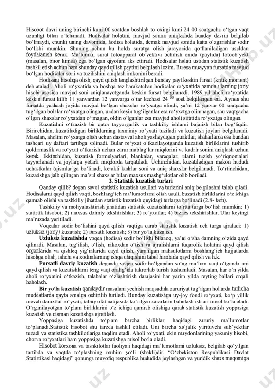 lari, va hokazolarni ularning faoliyati jihatidan qaralgan to‘plami. ularning muhim belgilari haqida ma’lumotlar to‘planadi va ular asosida to‘plamni ta’riflaydigan umumlashtiruvchi ko‘rsatkichlar hisoblanadi. kuzatish ob’yektining aniq miqyosini, ko‘lamini belgilayotganda vaqt, fazo, moddiy tuzilish va o‘lchov birligi jihatidan uning o‘lchamlarini aniqlashimiz lozim. kuzatish ob’yekti bilan bir qatorda uning sub’yekti mavjud. kuzatish sub’yekti deb o‘rganilayotgan hodisalar haqidagi ma’lumotlarni qayd qiladigan va to‘playdigan yuridik yoki jismoniy shaxslar yuritiladi. mikroiqtisodiy statistikada, masalan, kuzatish sub’yekti - bu har bir korxona, tashkilot va muassasa. xo‘jalik yurituvchi sub’yekt sifatida ular o‘z faoliyatlaridagi hodisalarni qayd qiladi, ma’lumotlar to‘playdi. makroiqtisodiy statistikada esa statistika tashkilotlari kuzatish sub’yektidir. maxsus statistik tekshirish va ro‘yxatlarda ular boshlang‘ich ma’lumotlarni qayd qiladi va to‘playdi. hisobotda esa boshlang‘ich ma’lumotlarni qayd qilish va korxona miqyosida umumlashtirib taqdim etish ayrim xo‘jalik yurituvchi sub’yektlar vazifasi bo‘lsa, ularni qabul qilib olish va o‘z hududi chegarasida umumlashtirish bilan statistika tashkilotlari shug‘ullanadi. bu holda xo‘jalik yurituvchi sub’yektlar, ya’ni korxonalar, firmalar, tashkilotlar va muassasalar …