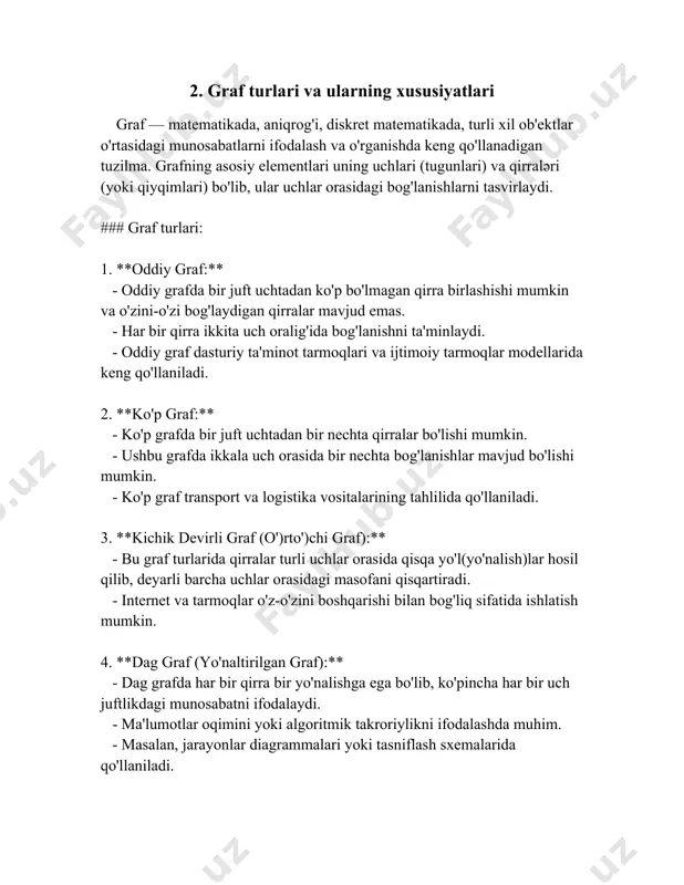 ik hisobga olinmasdan grafni kengligidan yurg'izish. ### og'irlikli graf grammalari 1. **ta'rif va tarkib**: og'irlikli grafda har bir qirra ustiga raqamli qiymat (og'irlik) qo'shiladi. bu qiymatlar qirra orqali o'tish qiymatini, bog'lanish kuchini yoki vaqtni ifodalaydi. masalan, transport tizimlari jarayonida yo'llar ustida masofalar yoki vaqtlar og'irligi qo'yiladi. 2. **foydalanish sohalari**: nafaqat transport, logistik tizimlarida, balki boshqa har qanday tarmoqda resurslar xarajatini o'lchash va optimallashtirish mumkin bo'lganda, manzillar orasidagi eng arzon yo'lni topishda qo'llaniladi. 3. **algoritmlar**: - **dijkstra algoritmi**: eng qisqa yo'lni topish algoritmi, og'irlikli graf grammalarida eng kam og'irlik olishga yordam beradi. - **floyd-warshall algoritmi**: barcha uchlar orasidagi eng qisqa yo'llarni topish vazifasini bajaradi. - **prim va kruskal algoritmlari**: minimal ba'zi qirralarni hosil qilishda ishlatiladi. ### grafiklar orasidagi farqlar va o'xshashliklar - **qarorlar va murakkablik**: og'irliksiz graf grammalari ko'pincha tezkor yechimga ega, chunki har qirra teng muhim. og'irlikli graf grammalar esa ko'p hollarda qirralarning og'irligini hisobga olishni talab qiladi, natijada murakkablik …