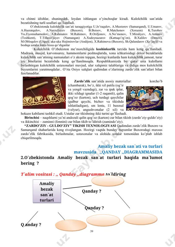 turida buxorolik va toshkentlik ustalar samarali mehnat qilmoqdalar. avvallari devorlar o`yma gulli pannolar bilan bezatilar, taxmonlar qirrasiga naqshlar o’yilardi. tokchalar o`ymakor yoki jimjimador bezaklar bilan yasatilar, xonaga nur va havo kirib turishi uchun deraza va eshik ustidan tuynuk qilib, unga ganch va yog’ochdan panjara o’rnatilar edi. o’zbek ganchkorligining ajoyib sahifasini buxoro yaqinidagi sitorai moхi xossadagi “oq uy”da, toshkentdagi alisher navoiy nomidagi opera va balet teatrida ko’rish mumkin. san’atning bu 8 ajoyib va murakkab turida ustalardan usta shirin murodov (buxoro), toshpo’lot arslonqulov, a.po’latov, a.samadov, m.usmonov (toshkent), h.jalilovlar (samarqand) dong taratganlar. amaliy san’atning yog’och o`ymakorligi turi o’zbekistonda qadimdan mavjud bo’lib, o’zining boy an’analariga ega. yog’och o`ymakorligi asarlari eshik, deraza, qutichalar, qanddon, ustunlar, panjaralar o’yinchoqlarda o’z aksini topgan. bu borada xiva ustalarining (ota polvonov) ishlari maqtovga loyiqdir. o’zbek misgarlik san’ati juda qadimdan shakllanib, taraqqiy kelgan. unda sariq va qizil misdan ishlangan turli xil xo’jalik va uy ro’zg’or buyumlari nozik shakllar bilan bezatiladi. bezatilgan …