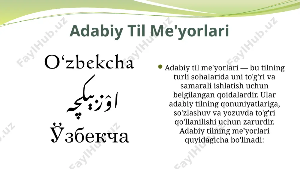illar bilan integratsiya: yangi alifbo o‘zbekistonda, shuningdek, boshqa lotin yozuvini qo‘llaydigan mamlakatlar bilan aloqalarni osonlashtiradi. shu bilan birga, internetda va raqamli texnologiyalarda o‘zbek tilining yaxshiroq qo‘llanilishiga yordam beradi. imlo me'yorlari imlo me'yorlari adabiy tilni to'g'ri yozishda va uni samarali ifodalashda muhim o'rin tutadi. o'zbek tilidagi imlo me'yorlari: kiril alifbosidan lotin alifbosiga o'tishda ba'zi so'zlar va ularning shakllari o'zgargan. maxsus belgilar va ajratish belgilariga alohida e'tibor beriladi. yozishda katta va kichik harflardan foydalanish, masalan, yer nomlarini va bosh harflarni to'g'ri qo'llash zarur. . imlo me'yorlarining ba'zi misollari birlashtirish va ajratish: "qishloq xo'jaligi" so'zi alohida yoziladi, lekin "viloyat markazi" birlashtiriladi. tirishka va qo‘shimchalar: imlo qo‘llanmalarida so‘zning yozilishida turli qo‘shimchalar va belgilarning to‘g‘ri ishlatilishi kerak. adabiy til me'yorlarining amaliy ahamiyati adabiy til me’yorlari nafaqat yozma, balki og‘zaki nutqda ham muhimdir. ushbu me’yorlarning hayotiy jihatlari quyidagilardan iborat: nutq madaniyati: tushunarli ifoda: til me'yorlariga rioya qilish fikrni oson tushunish imkonini beradi. estetik nutq: nutqni bezab …