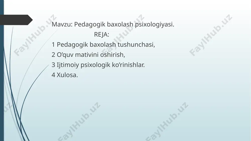 qilib, kamchiliklarni bartaraf etish. ijtimoiy faollikni oshirish va o‘quvchilar bilan do‘stona munosabatni saqlash. pedagogik baholash psixologiyasi — bu o‘quvchilarni baholash jarayonida psixologik omillarni o‘rganishga yo‘naltirilgan fan sohasi. bu jarayon faqatgina o‘quvchilarning bilim darajasini o‘lchash bilan cheklanmaydi, balki ularning psixologik xususiyatlarini, o‘z-o‘zini anglashini va motivatsiyasini ham hisobga oladi. pedagogik baholash psixologiyasi ta’lim jarayonining samaradorligini oshirish, o‘quvchilarning o‘sishi va rivojlanishiga yordam berish uchun muhimdir. baholashning psixologik xususiyatlari 1. motivatsiyaga ta’siri baholash o‘quvchilarning ta’lim olishga bo‘lgan qiziqishiga ijobiy yoki salbiy ta’sir qilishi mumkin. adolatli va konstruktiv baholash motivatsiyani oshiradi, noto‘g‘ri yoki noxolis baholash esa qiziqishni susaytiradi 2. stress va emotsional reaktsiyalar o‘quvchilarda baholash jarayonida xavotir yoki qo‘rquv yuzaga kelishi mumkin. baholash muhitini qulay va qo‘llab-quvvatlovchi tarzda tashkil etish bu reaksiyalarni kamaytirishga yordam beradi. 3. o‘z-o‘zini anglash va o‘zini baholash o‘quvchilar baholash orqali o‘z imkoniyatlarini va bilimlarini yanada yaxshi tushunib olishadi. ortga aloqaning konstruktivligi ularda o‘ziga ishonchni shakllantirishda muhim rol o‘ynaydi. 4. shaxsiy farqlarni …